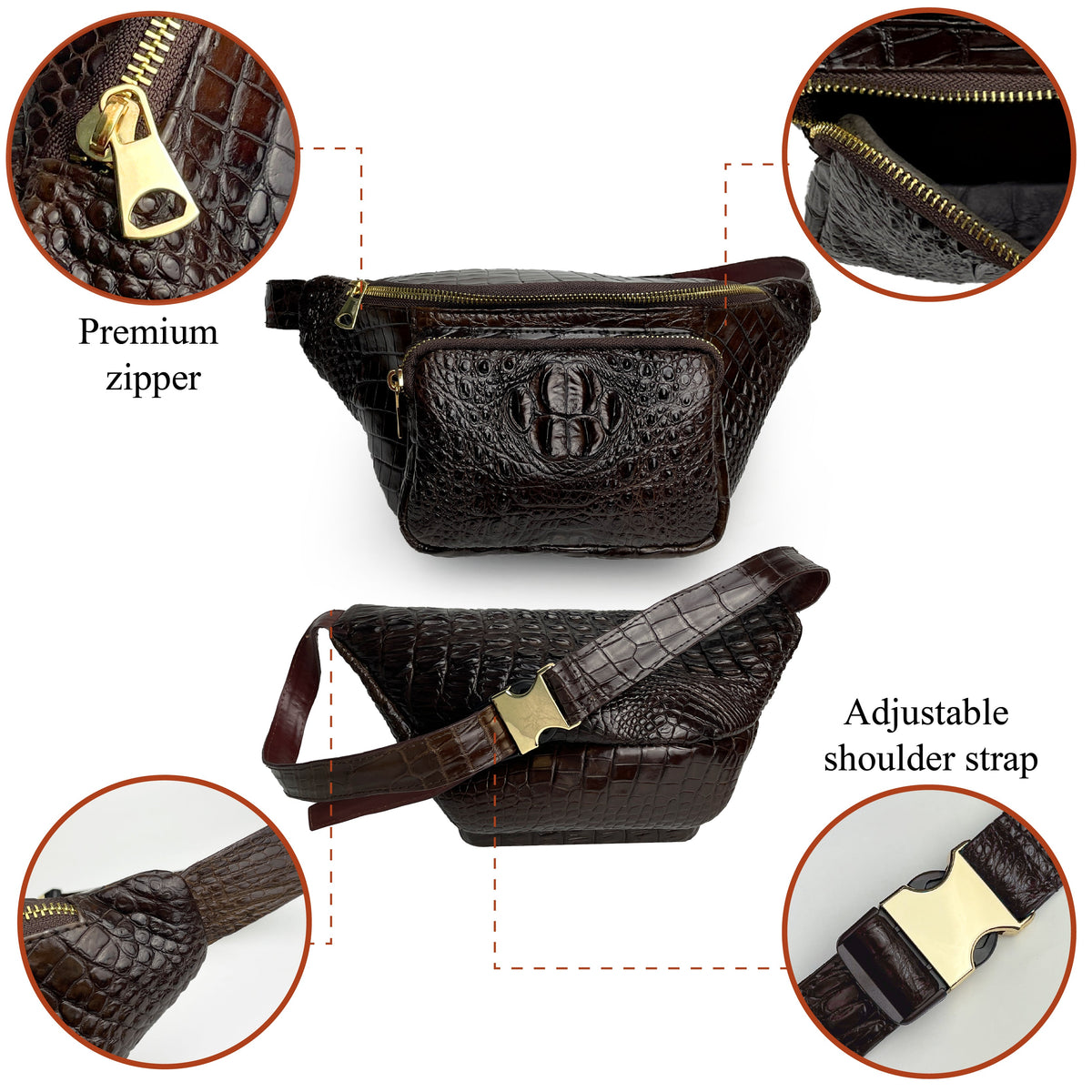 AIIigator Brown Men‘s Leather Waistbag, Leather Fanny Pack, Minimalist Fanny Belt Bag, Chest Bag Christmas Gift For Men - Vinacreations