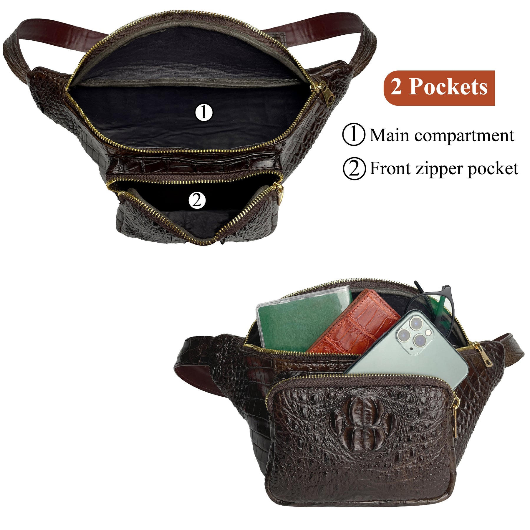 AIIigator Brown Men‘s Leather Waistbag, Leather Fanny Pack, Minimalist Fanny Belt Bag, Chest Bag Christmas Gift For Men - Vinacreations