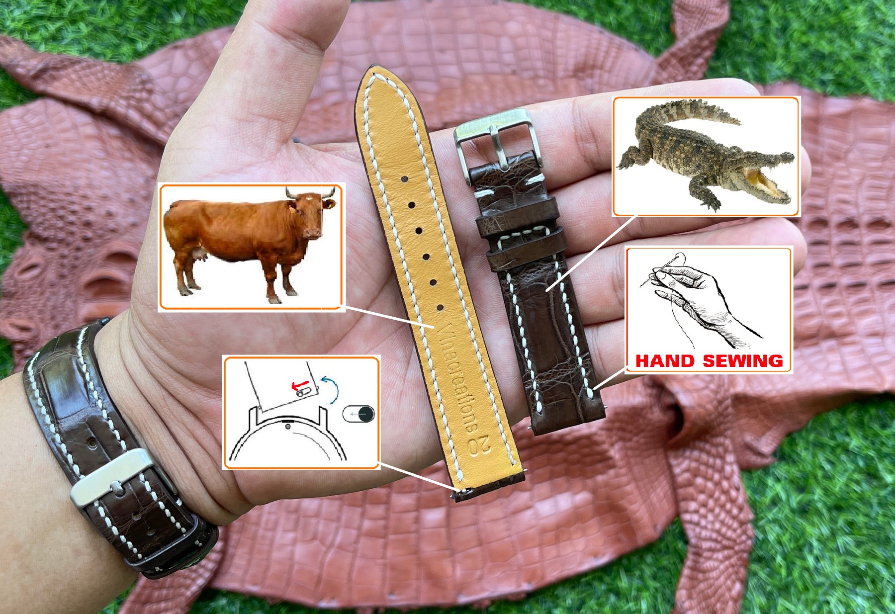Hand Stitching Dark Brown Alligator Watch Strap DH-155