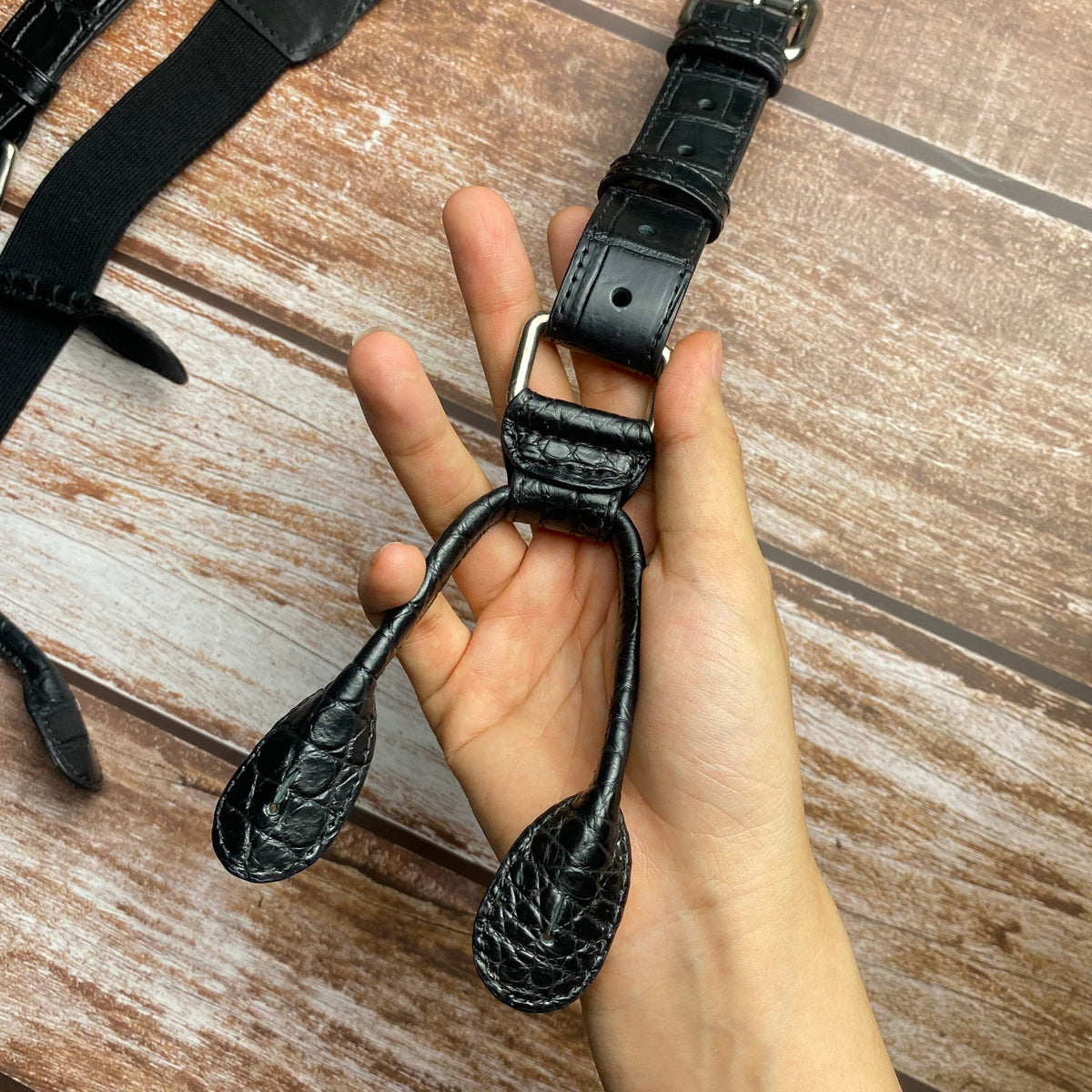 Alligator Y-Back Black Leather Suspenders Men Button End - Groomsmen Suspenders - Wedding Groom Suspenders Adjustable - Vinacreations
