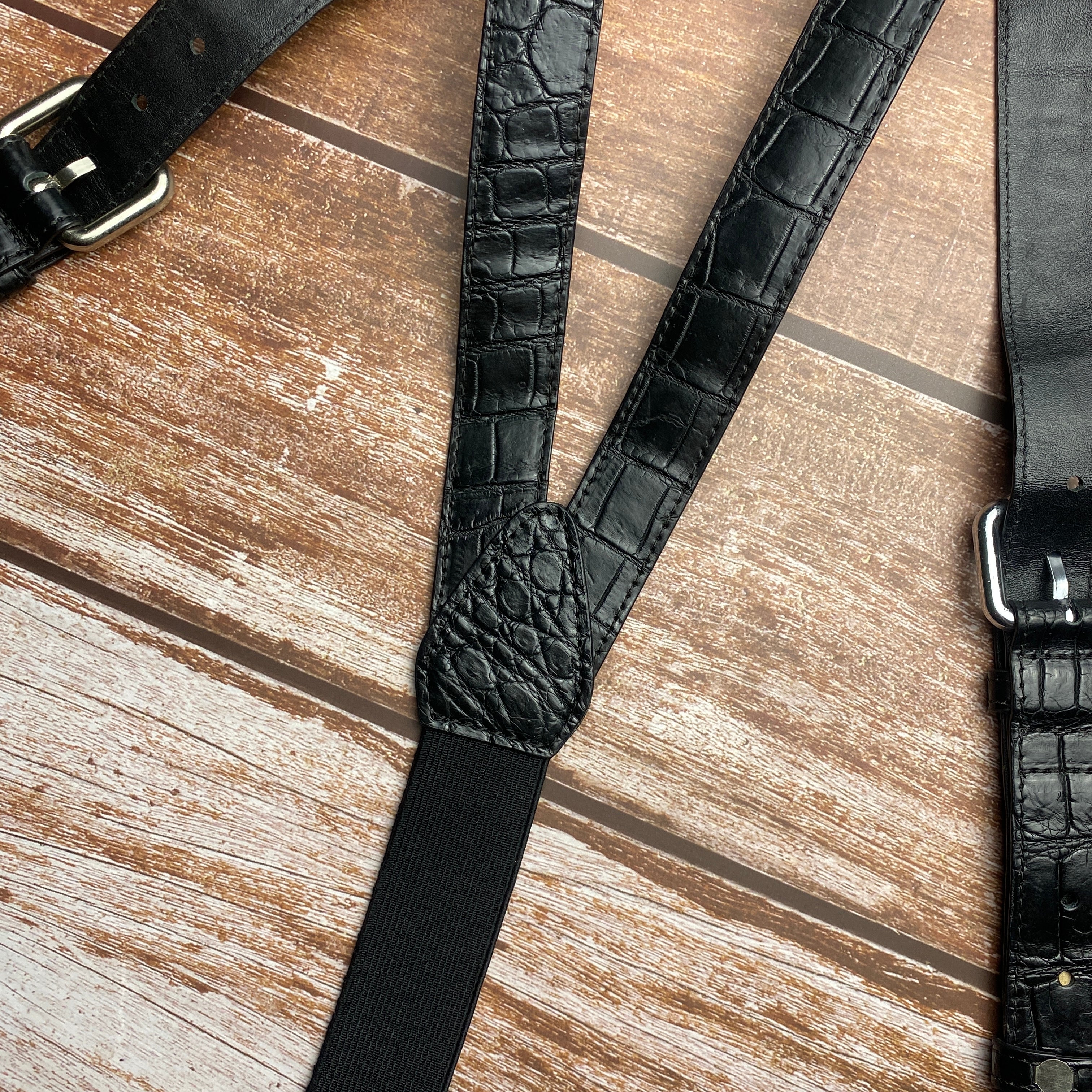 Alligator Y-Back Black Leather Suspenders Men Button End - Groomsmen Suspenders - Wedding Groom Suspenders Adjustable - Vinacreations
