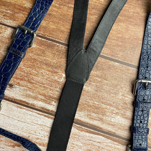 Alligator Y-Back Navy Blue Leather Suspenders Men Button End - Groomsmen Suspenders - Wedding Groom Suspenders Adjustable - Vinacreations