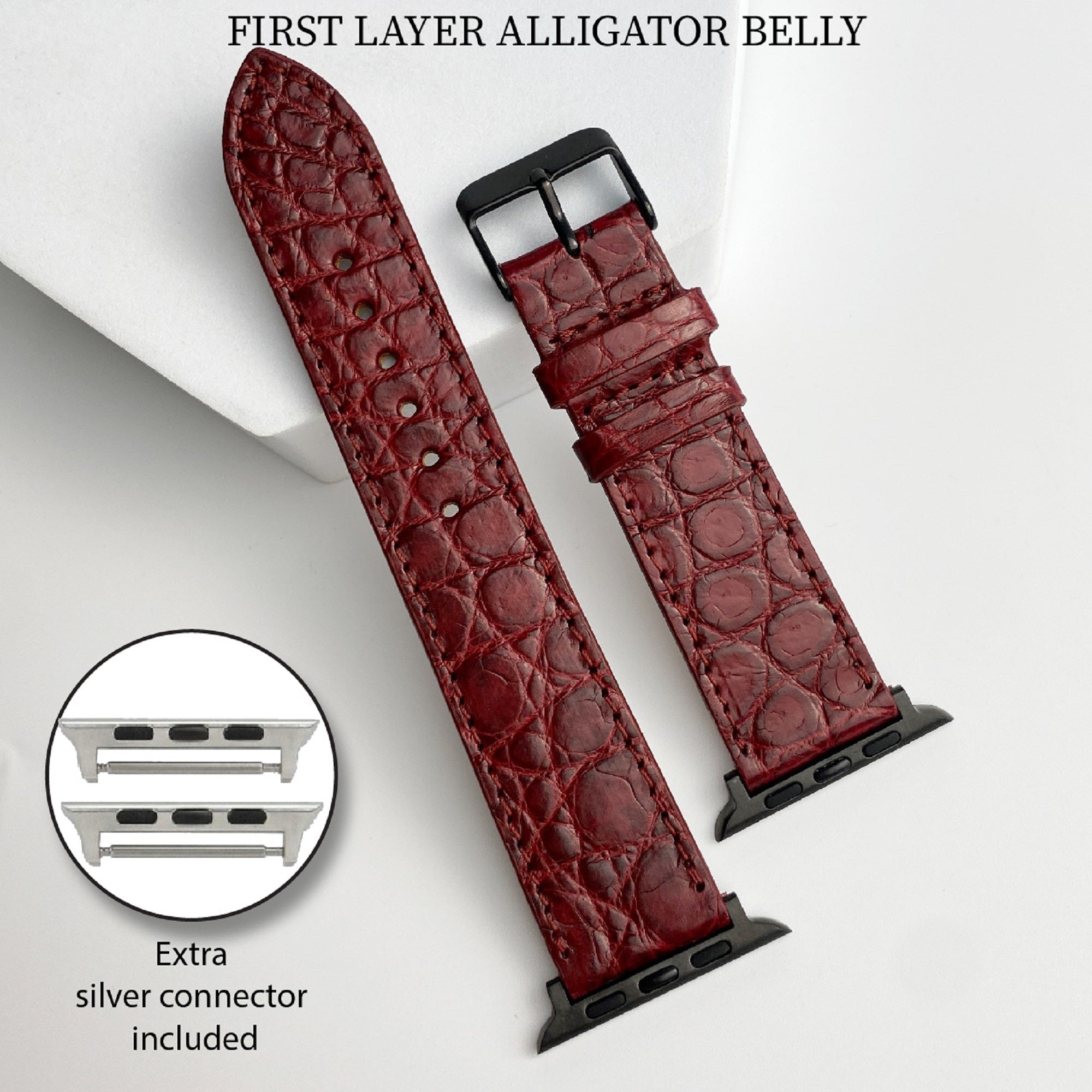 Burgundy Flat Alligator Leather Strap For Apple Watch