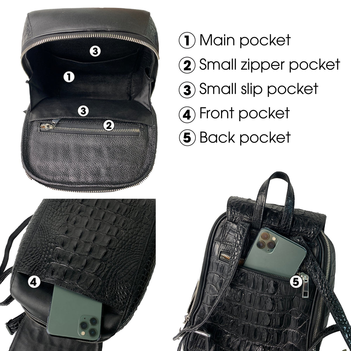Black Alligator Leather Backpack Rucksack Women, Small Unique Bag Christmas Gift For Women - Vinacreations