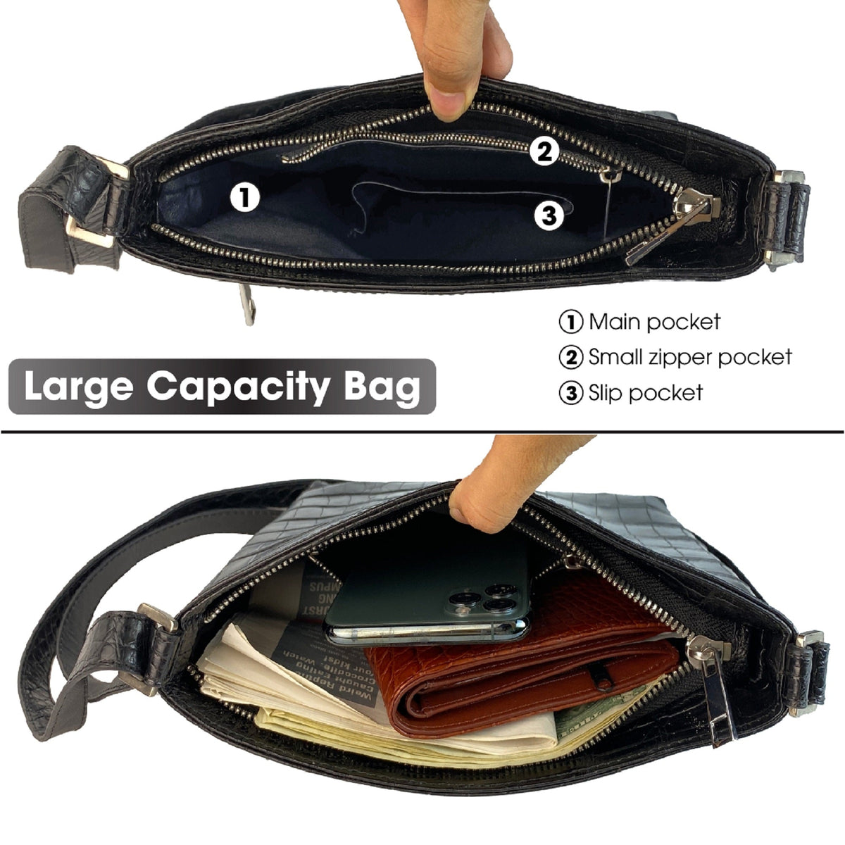 Black Alligator Leather Mens Crossbody Shoulder bag, Vertical Satchel Bag Casual, Small Messenger Bag Christmas Gift For Him - Vinacreations