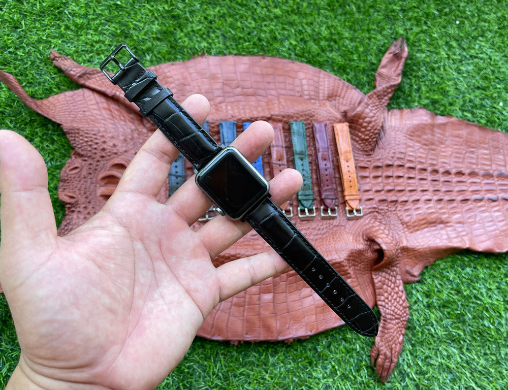 Black Alligator Leather Strap for Apple Watch IWatch Ultra Series 8 7 6 5 4 3 SE - Vinacreations
