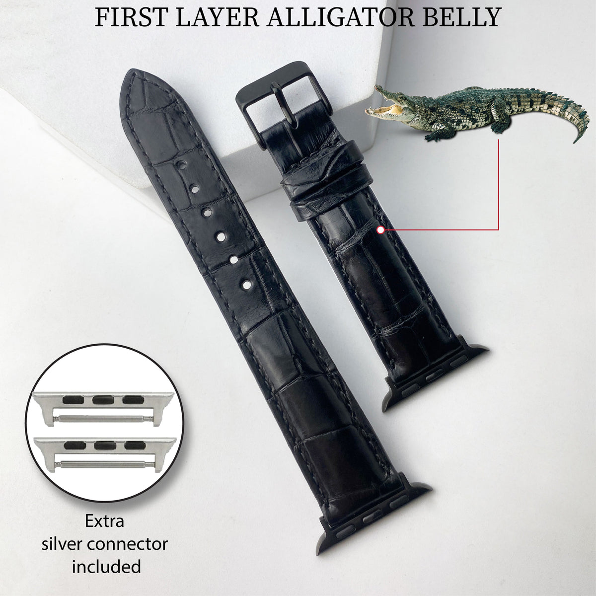 Black Alligator Leather Strap for Apple Watch IWatch Ultra Series 8 7 6 5 4 3 SE - Vinacreations