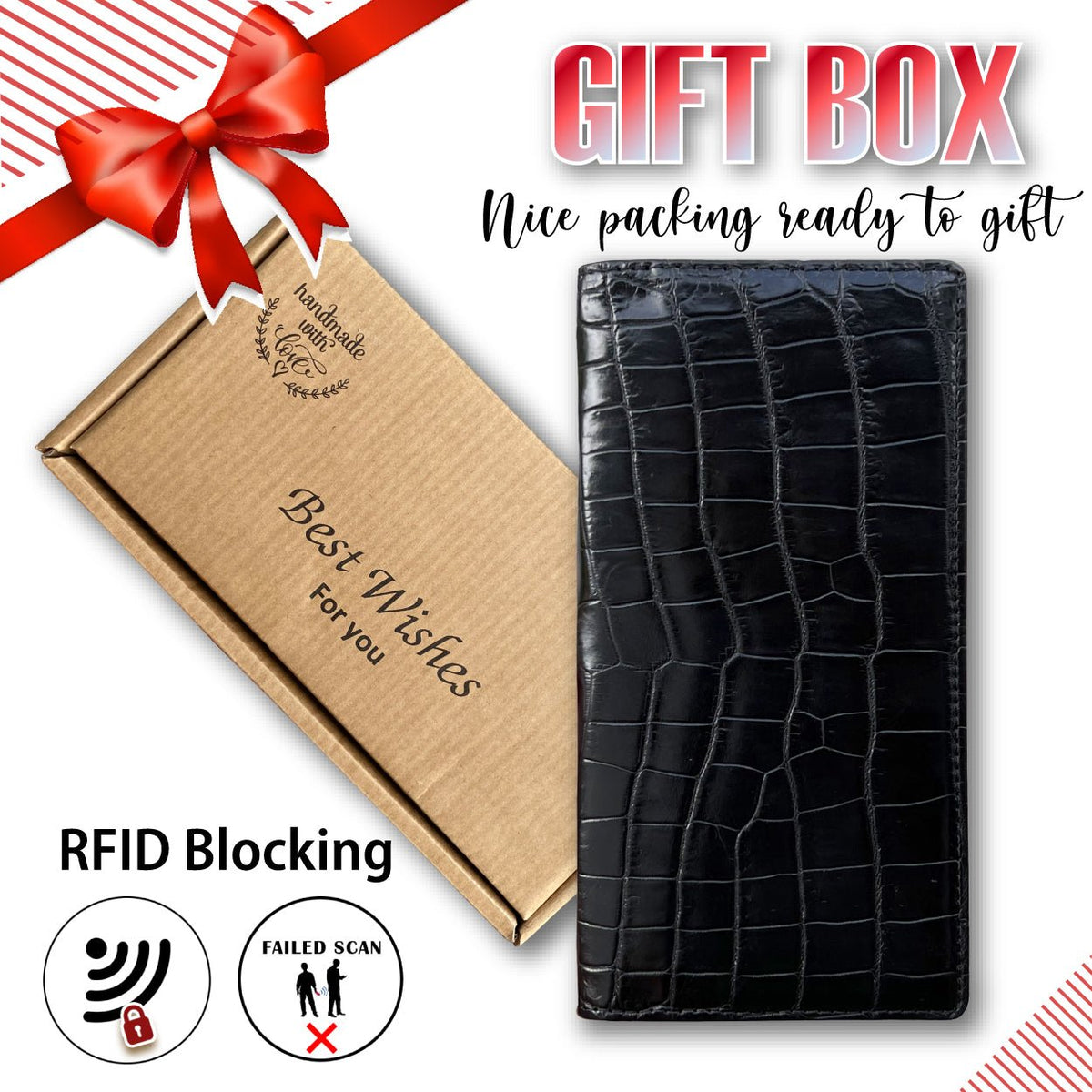 Black Alligator Long Wallet For Men | Vintage Crocodile Leather Checkbook RFID Blocking | LON16 - Vinacreations