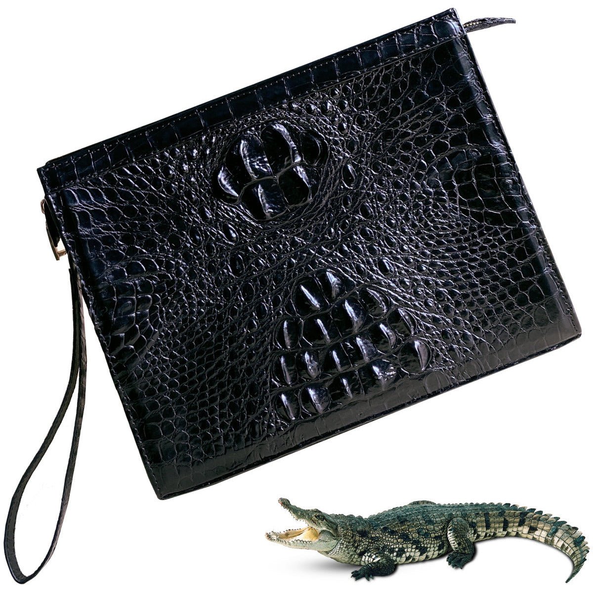 Black Alligator Mens Big Wristlet Clutch Purse Business Bag Premium Crocodile Handbag RFID Blocking CLUT01 - Vinacreations