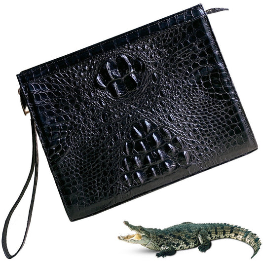 Black Alligator Mens Big Wristlet Clutch Purse Business Bag Premium Crocodile Handbag RFID Blocking CLUT01 - Vinacreations