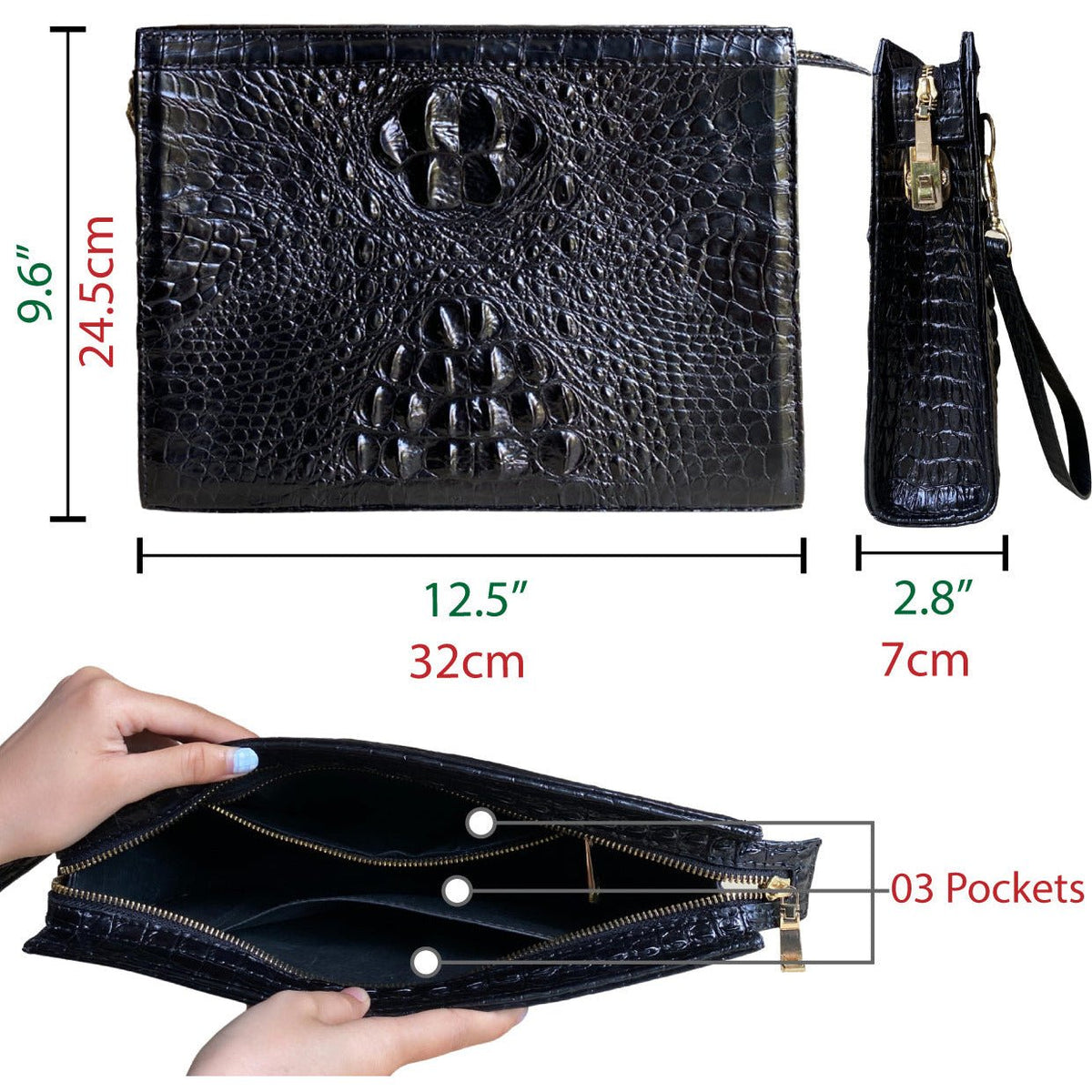 Black Alligator Mens Big Wristlet Clutch Purse Business Bag Premium Crocodile Handbag RFID Blocking CLUT01 - Vinacreations