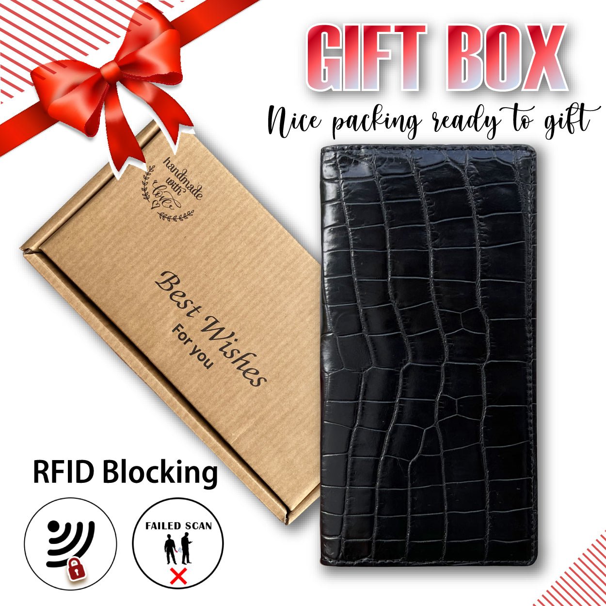 Black Double Side Alligator Long Wallet For Men | Luxury Crocodile Leather Business Tall Bifold Wallet RFID Blocking | LON11-CS - Vinacreations