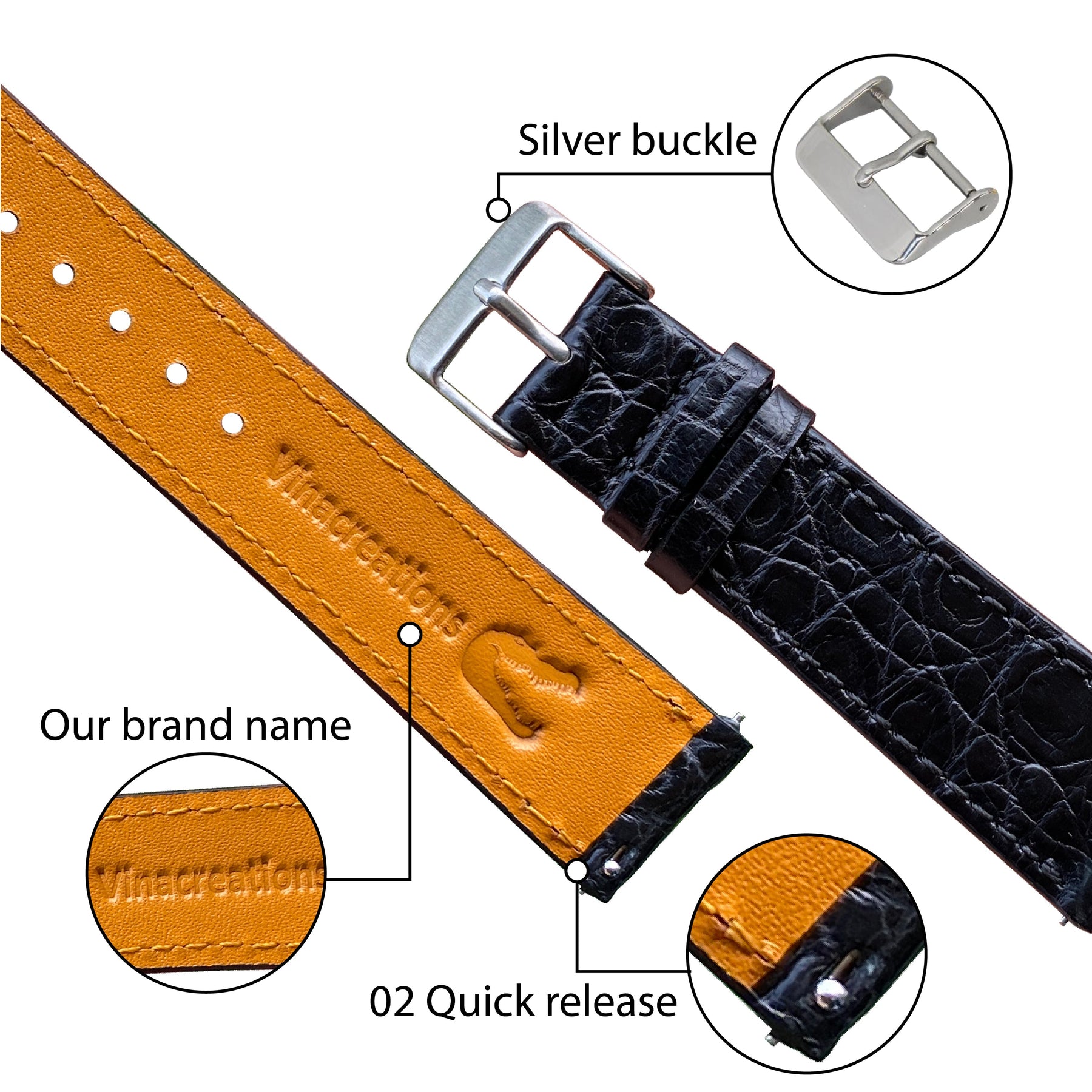 Black Flat Alligator Skin Watch Band For Men | No-padding Gator Wristwatch Strap | DH-21 - Vinacreations