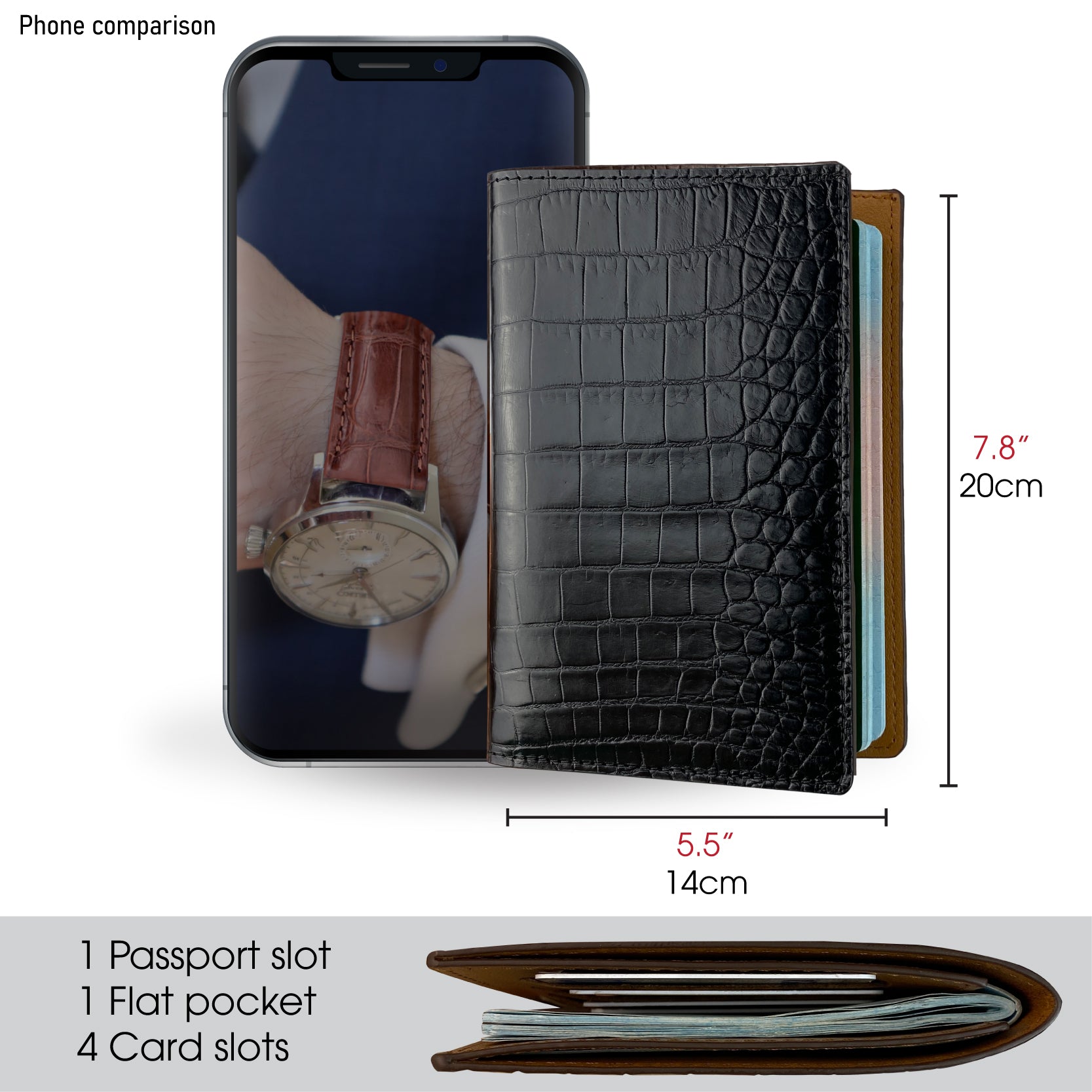 Black Slim Alligator Leather Passport Holder Cover - Vinacreations