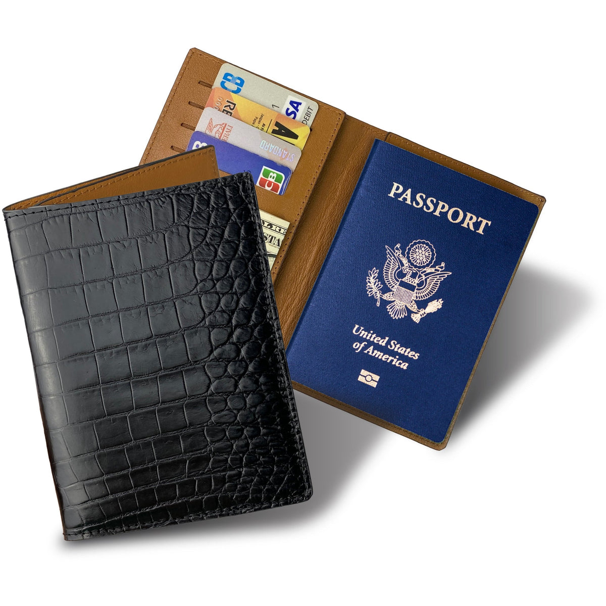Black Slim Alligator Leather Passport Holder Cover - Vinacreations