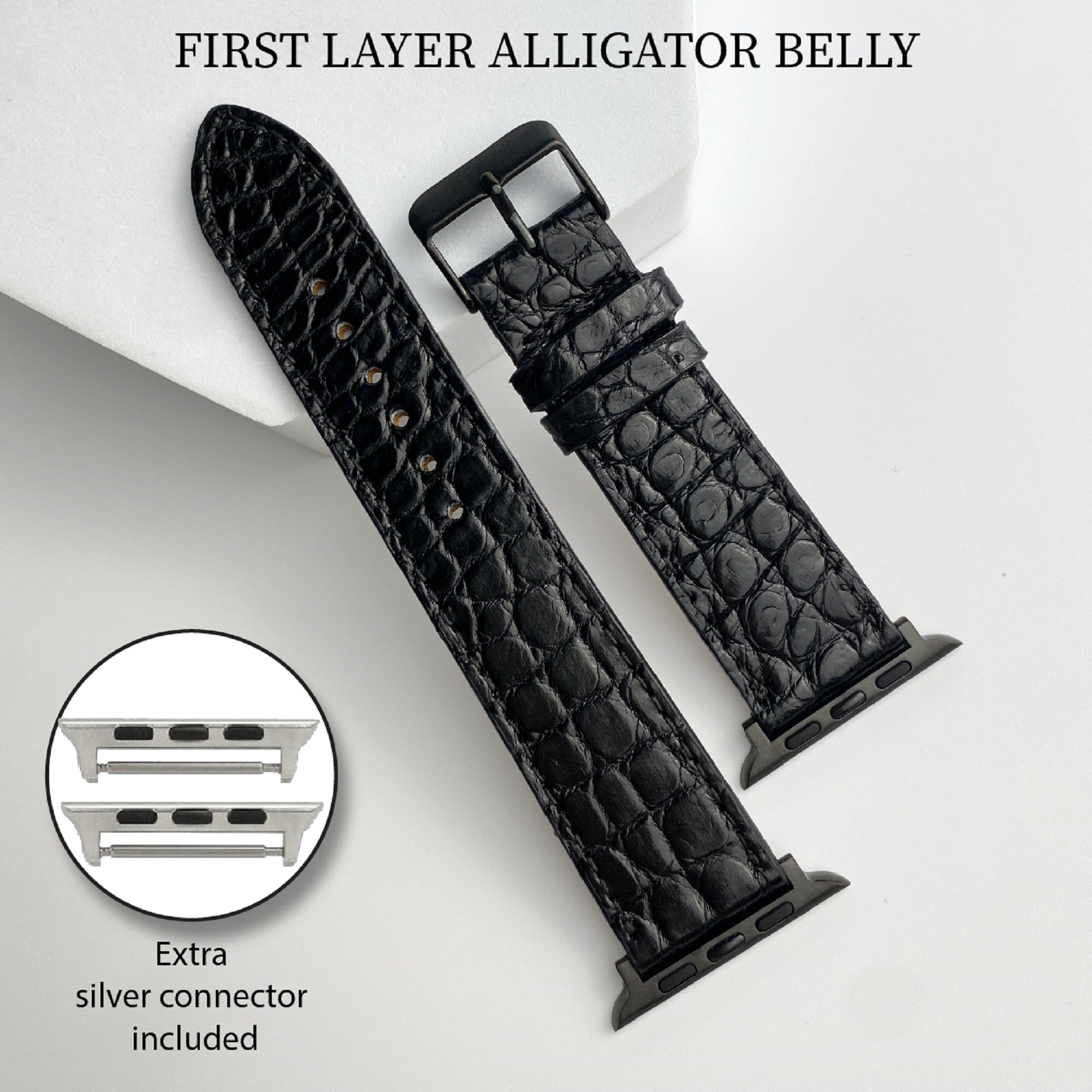Black Flat Alligator Leather Strap For Apple Watch