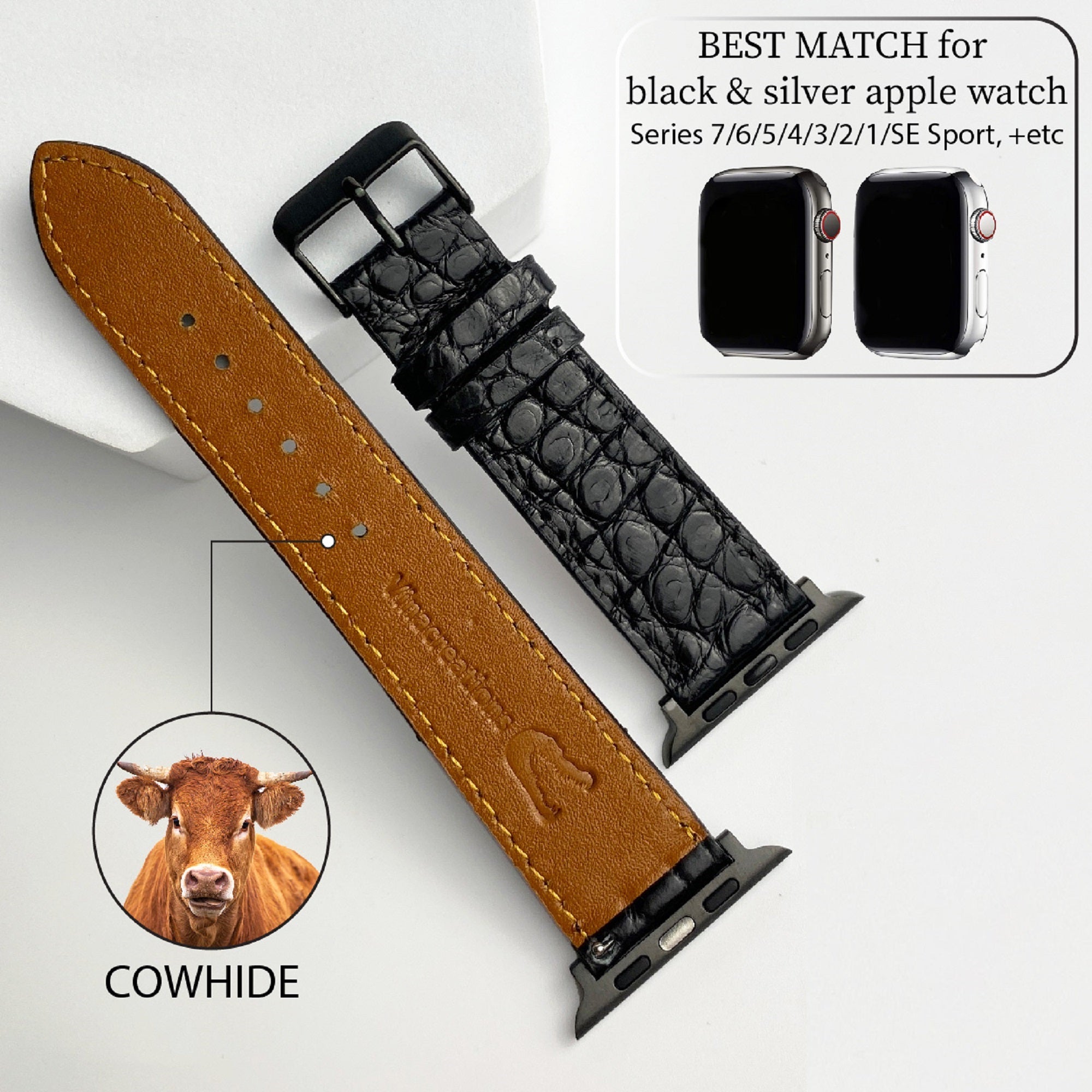 Black Flat Alligator Leather Strap For Apple Watch