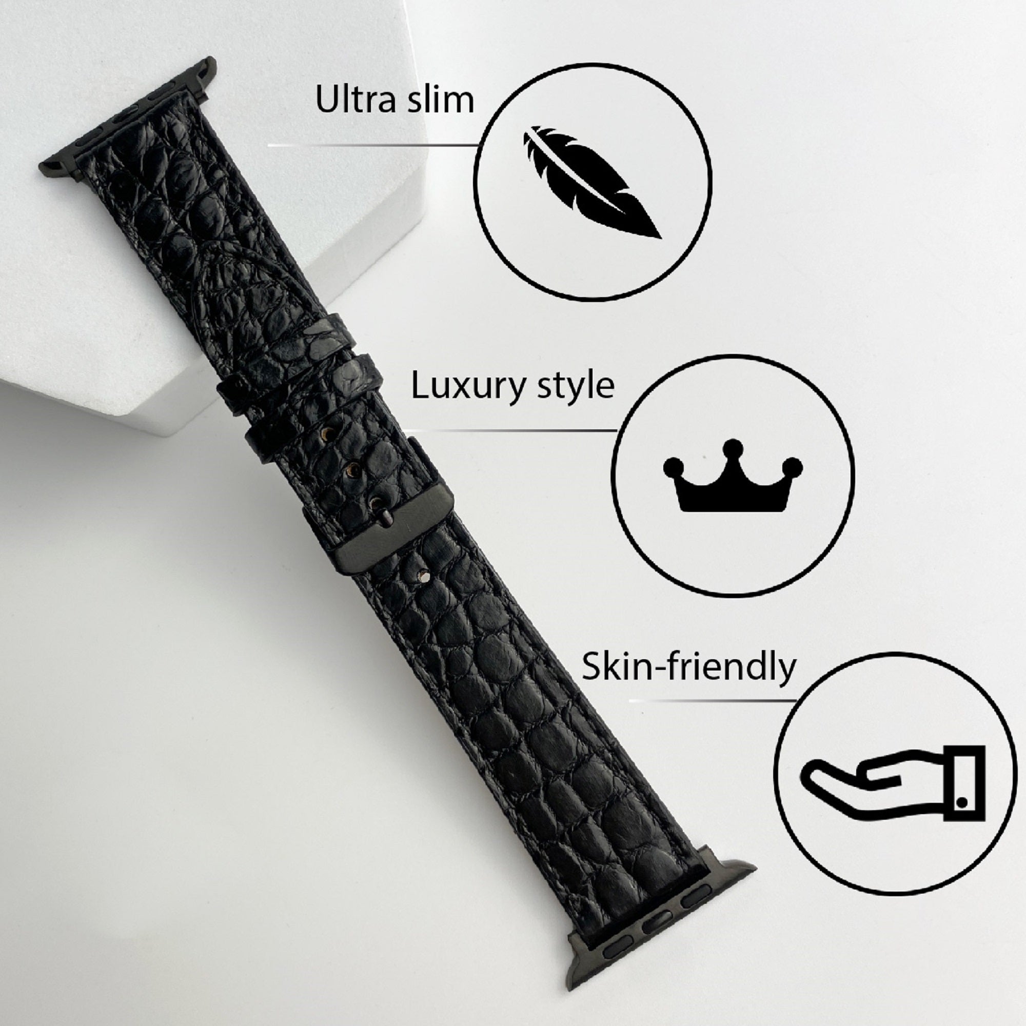 Black Flat Alligator Leather Strap For Apple Watch