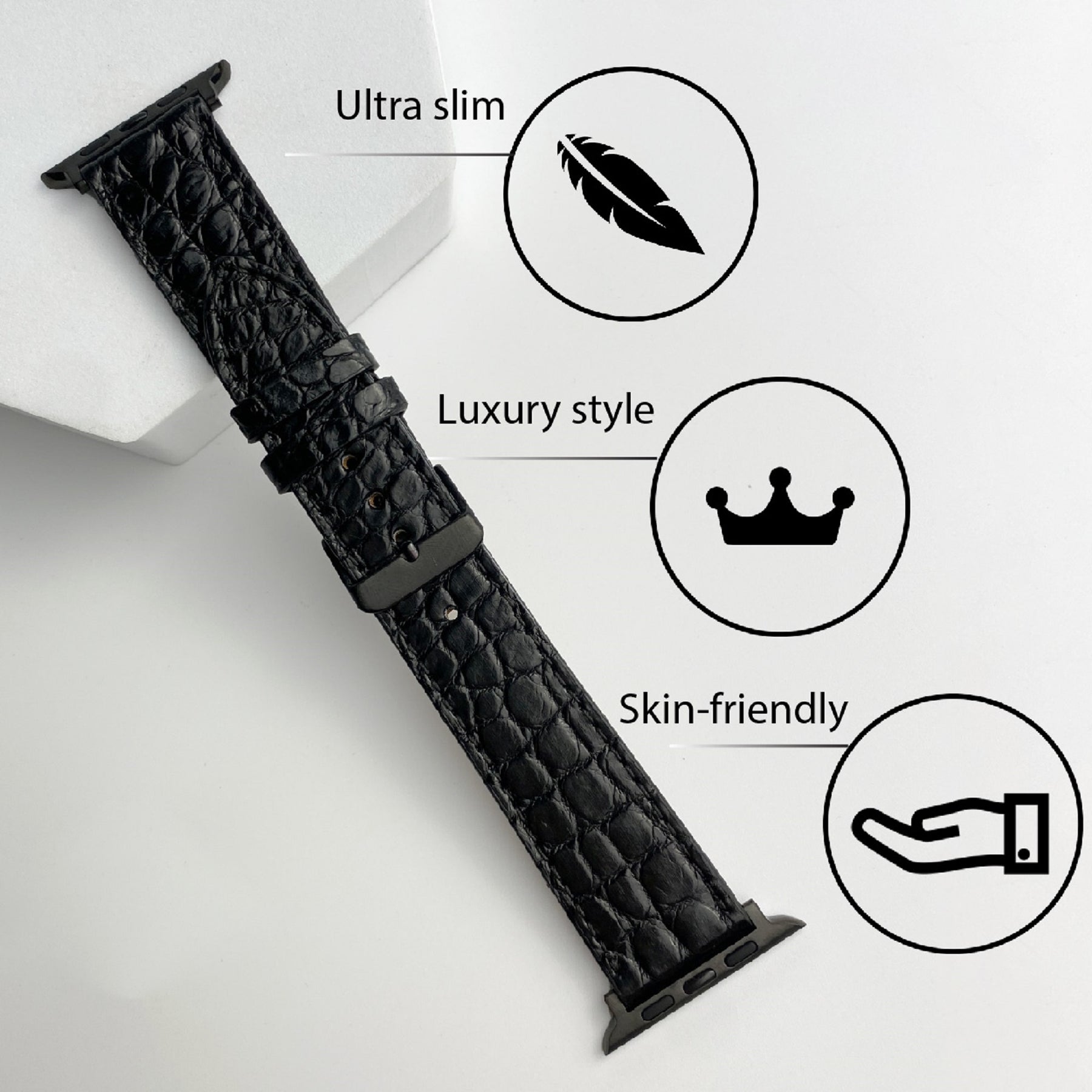 Black Flat Alligator Leather Strap For Apple Watch