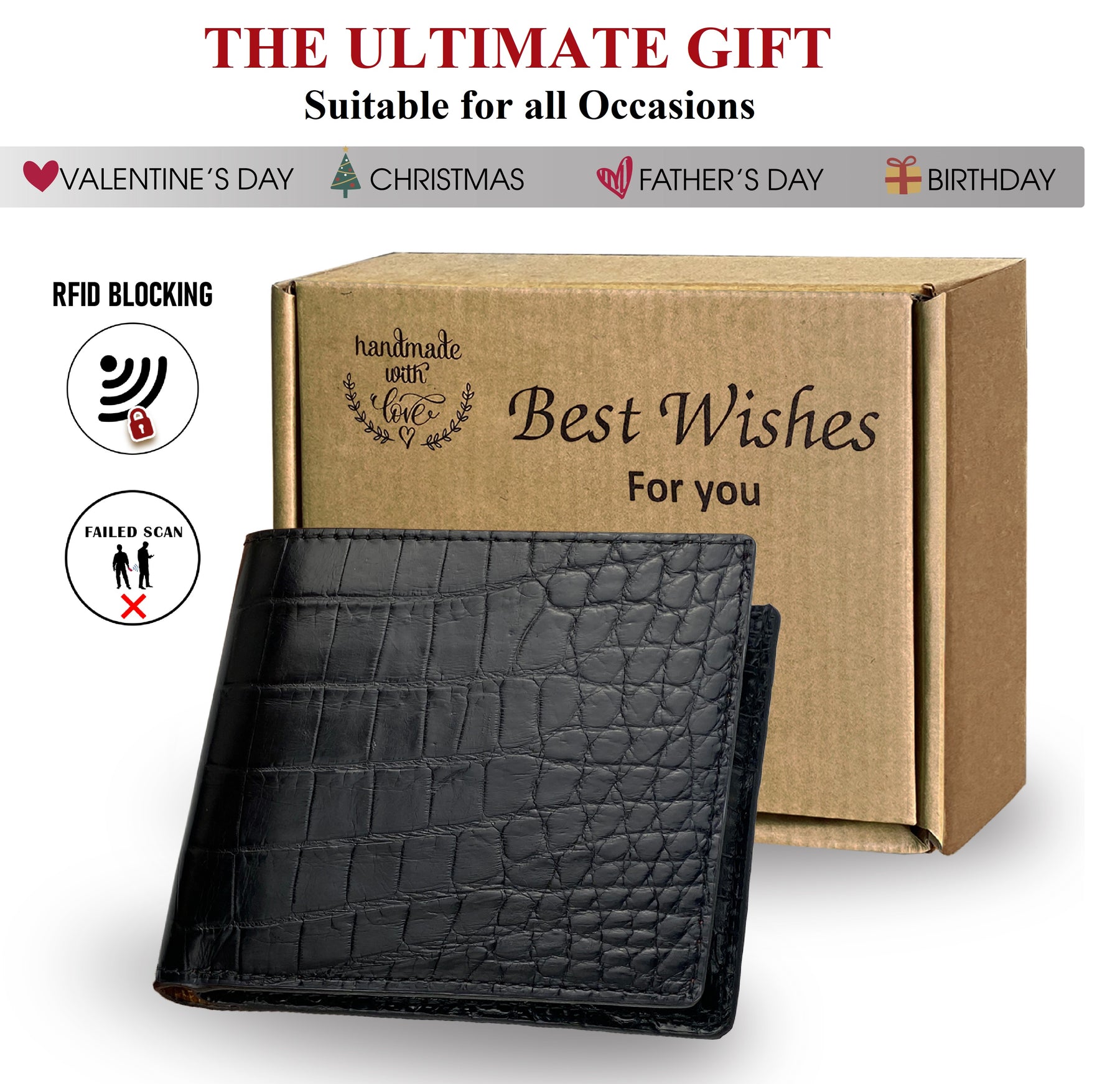 Black Double Side Alligator Slim Bifold Wallet For Men