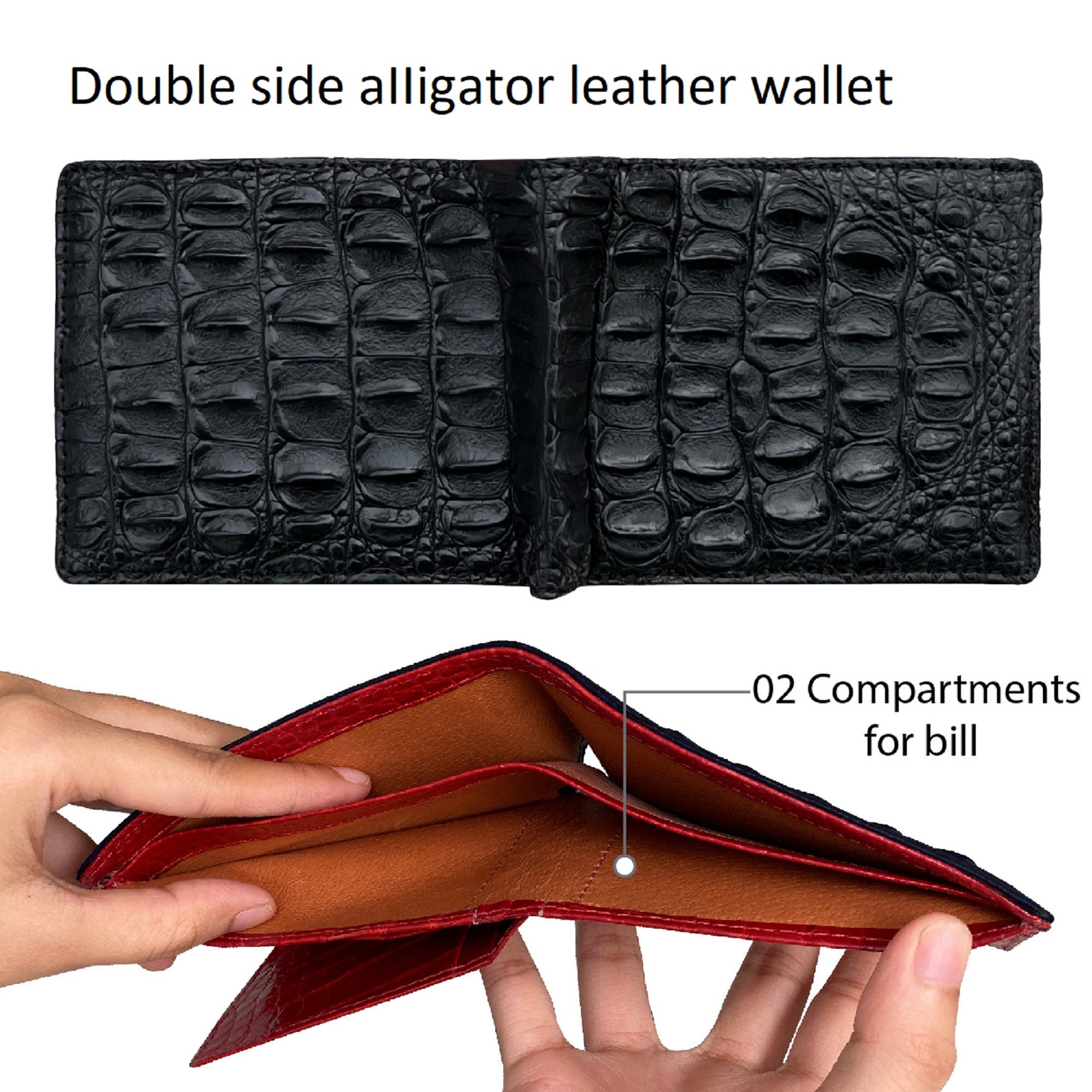 Black Double Side Alligator Hornback Leather Bifold Wallet