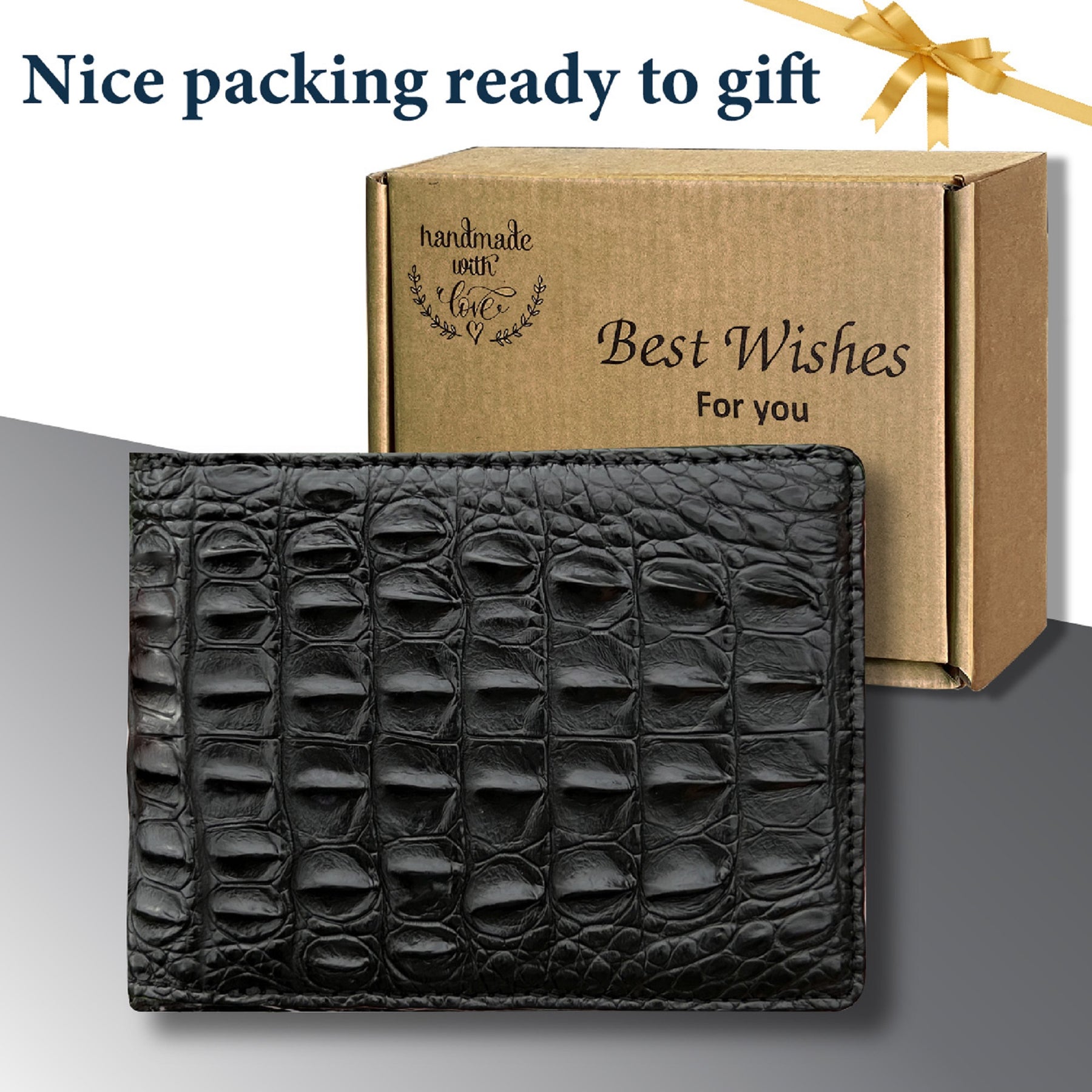 Black Double Side Alligator Hornback Leather Bifold Wallet