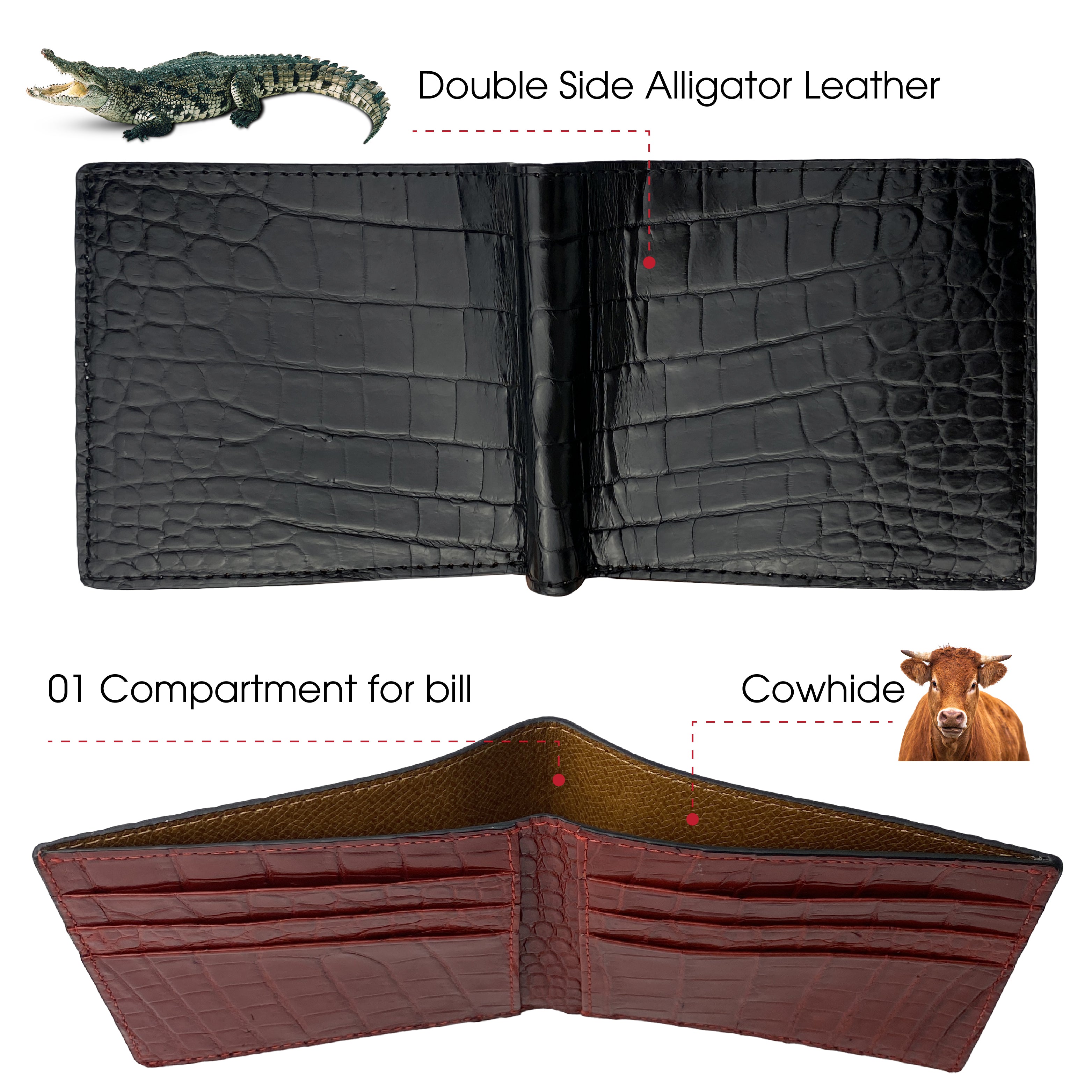 Black Red Double Side Alligator Slim Bifold Wallet For Men