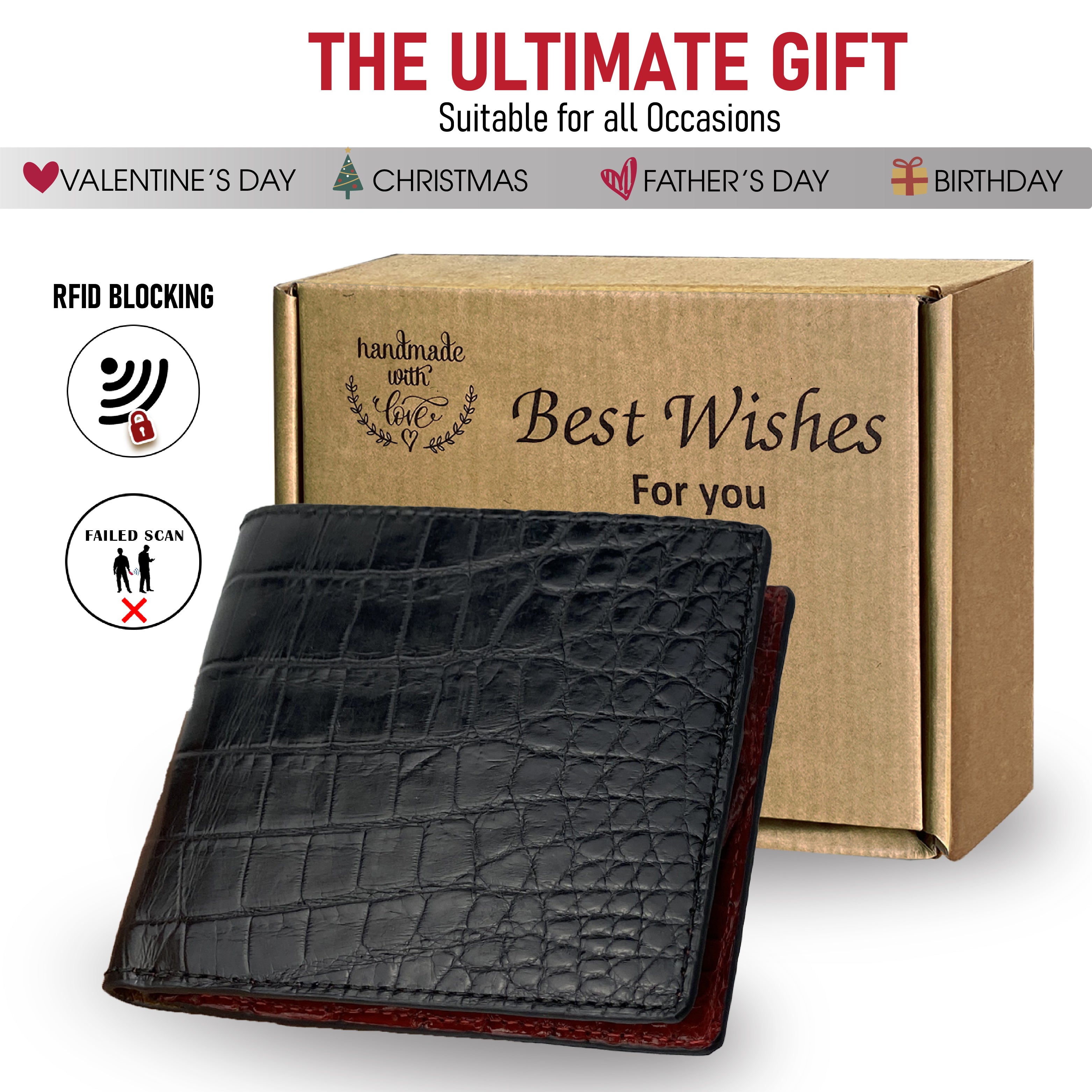 Black Red Double Side Alligator Slim Bifold Wallet For Men