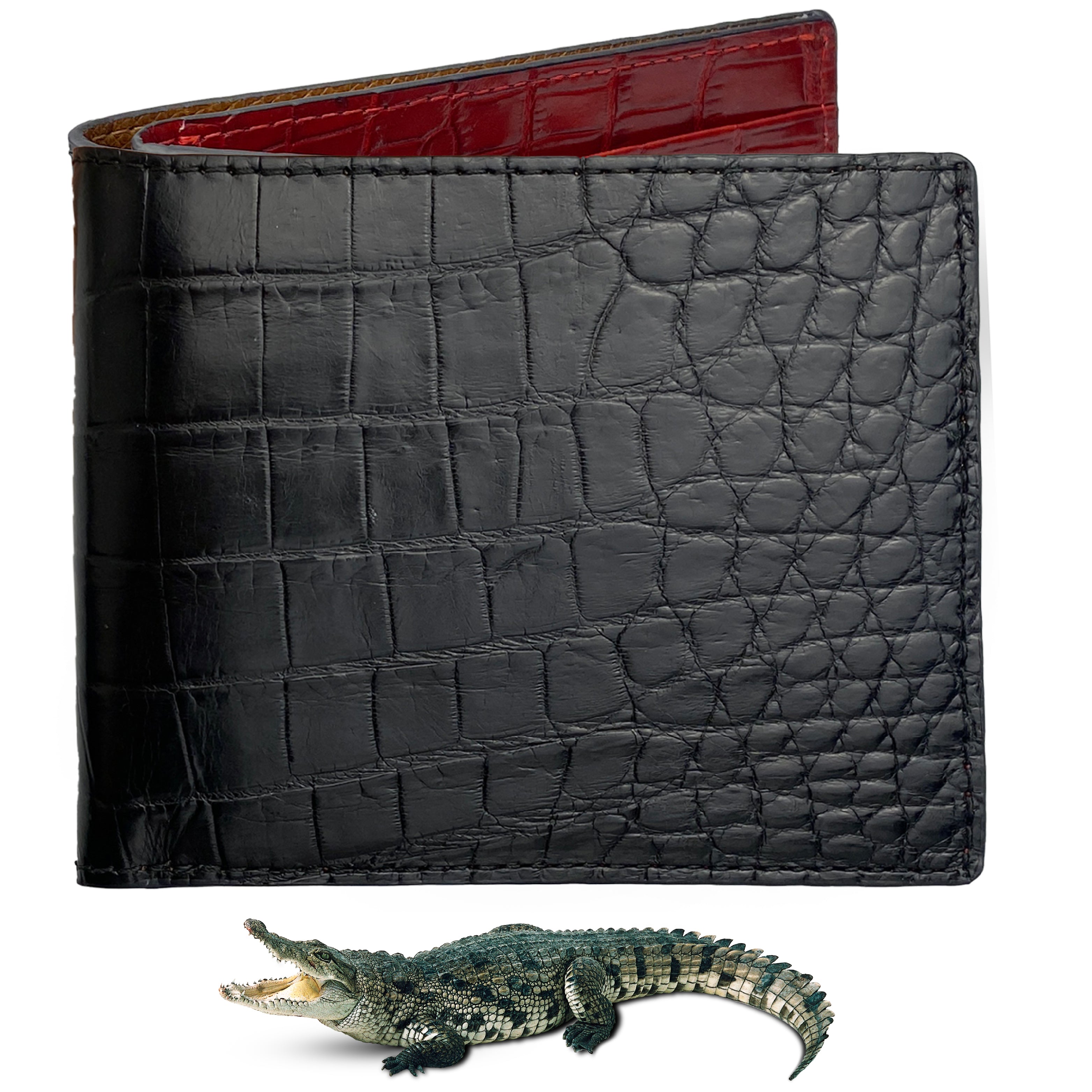 Black Red Double Side Alligator Slim Bifold Wallet For Men