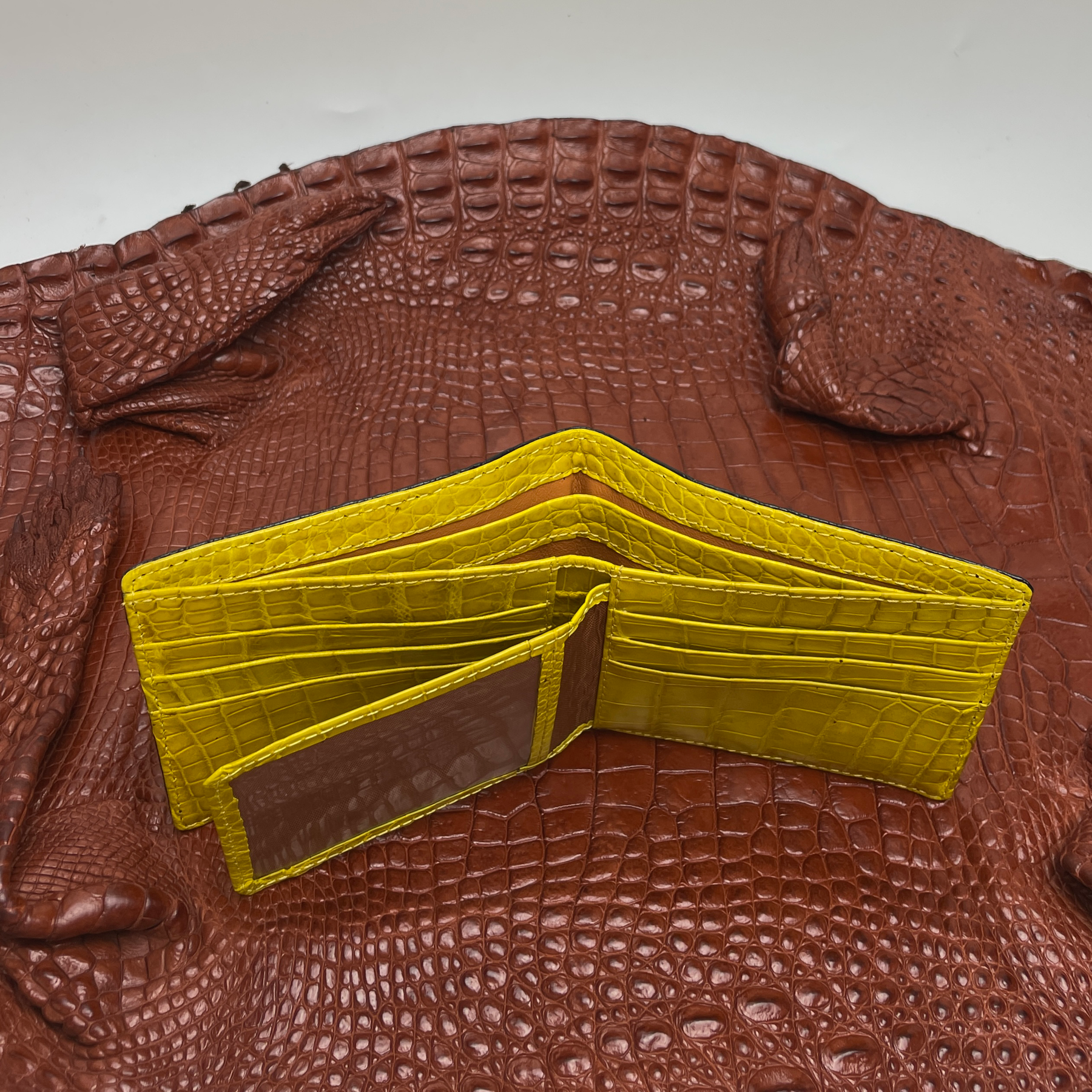 Black Yellow Double Side Alligator Hornback Bifold Wallet For Men