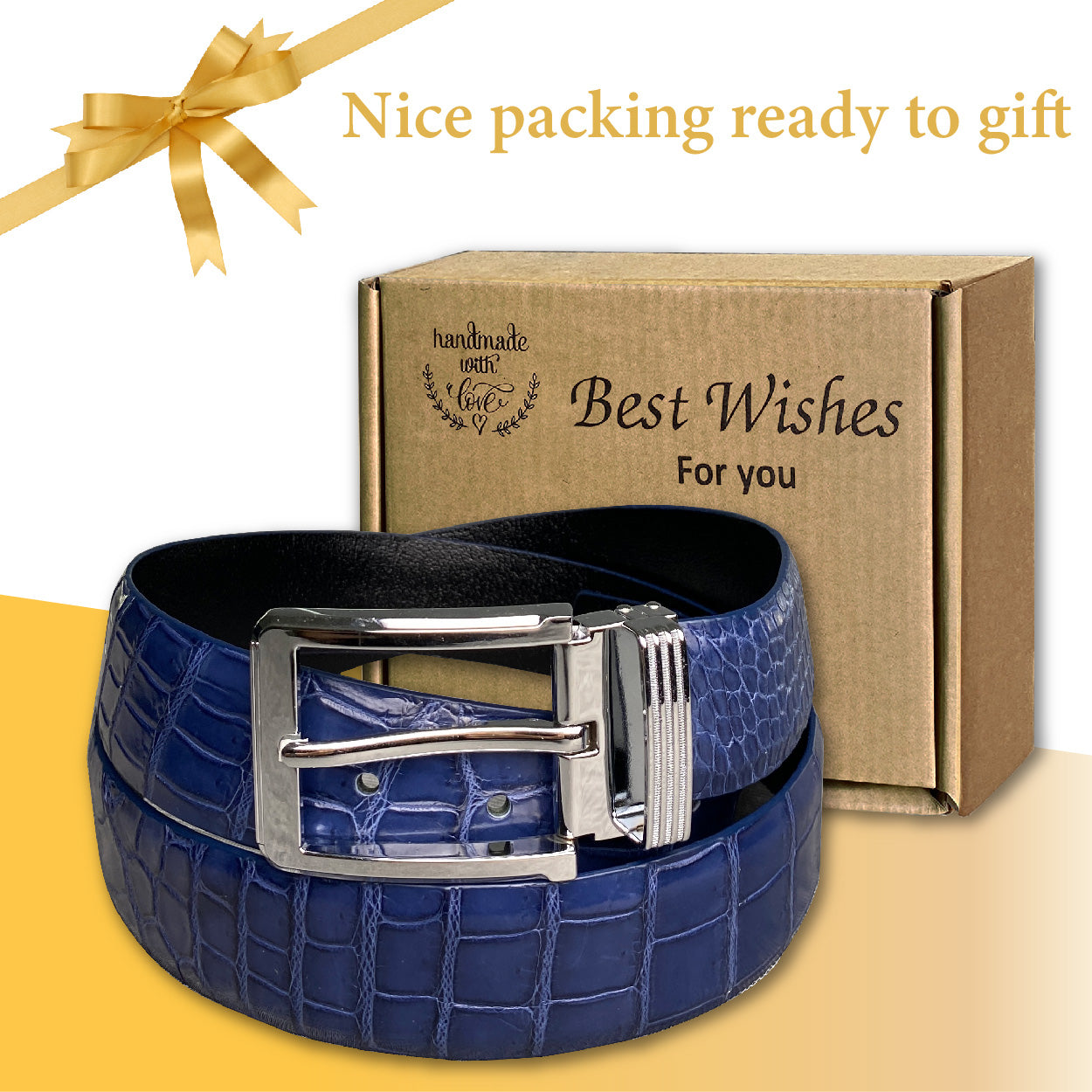 High-end Blue Alligator Belt Men's - Crocodile Skin Belly Belt 1.5" - Pin Buckle - BE-NAV-04-PIN