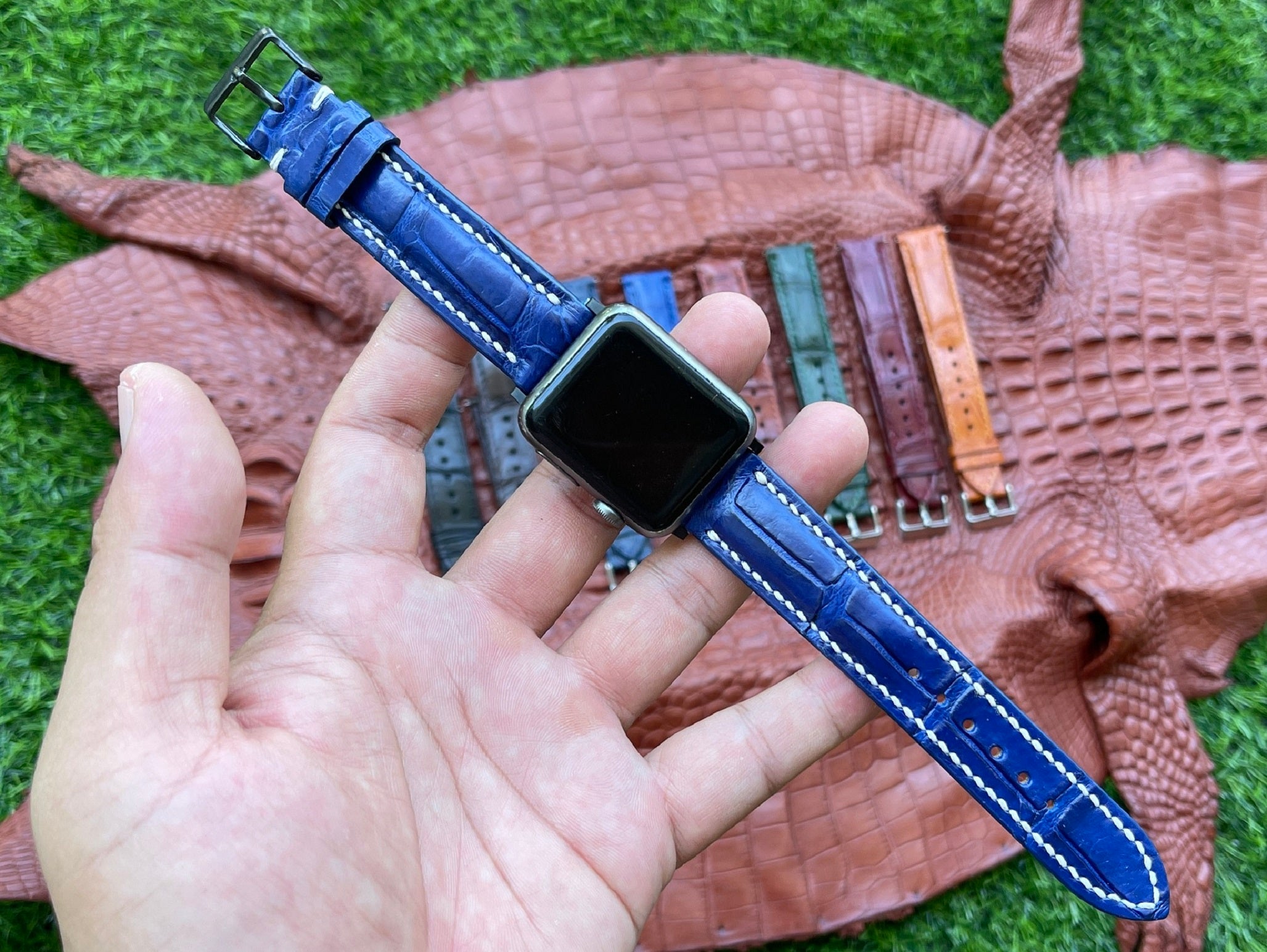 Blue White Stiching Alligator Leather Watch Band For Apple Watch