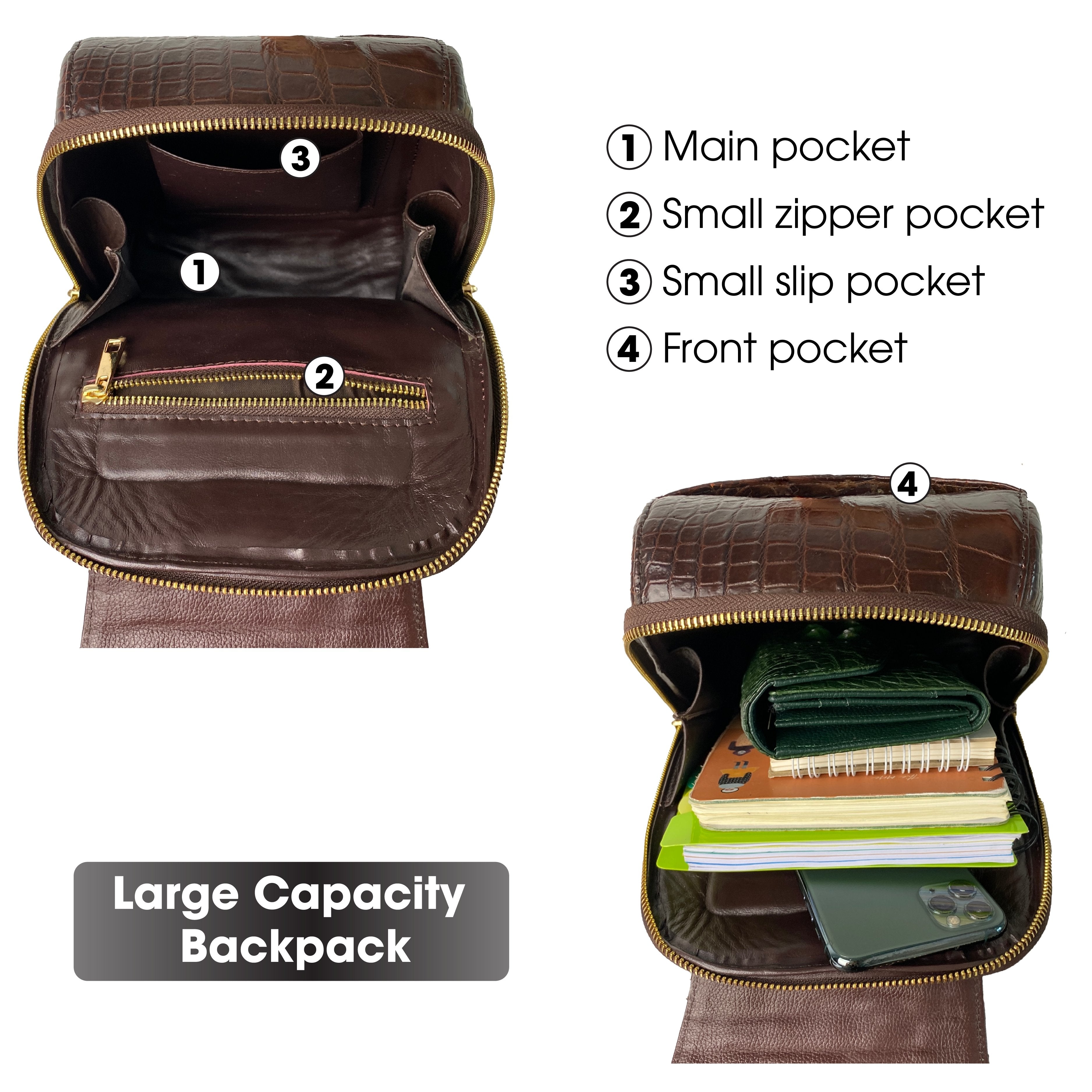 Brown Alligator Leather Backpack Rucksack Women, Small Unique Bag Christmas Gift For Women - Vinacreations