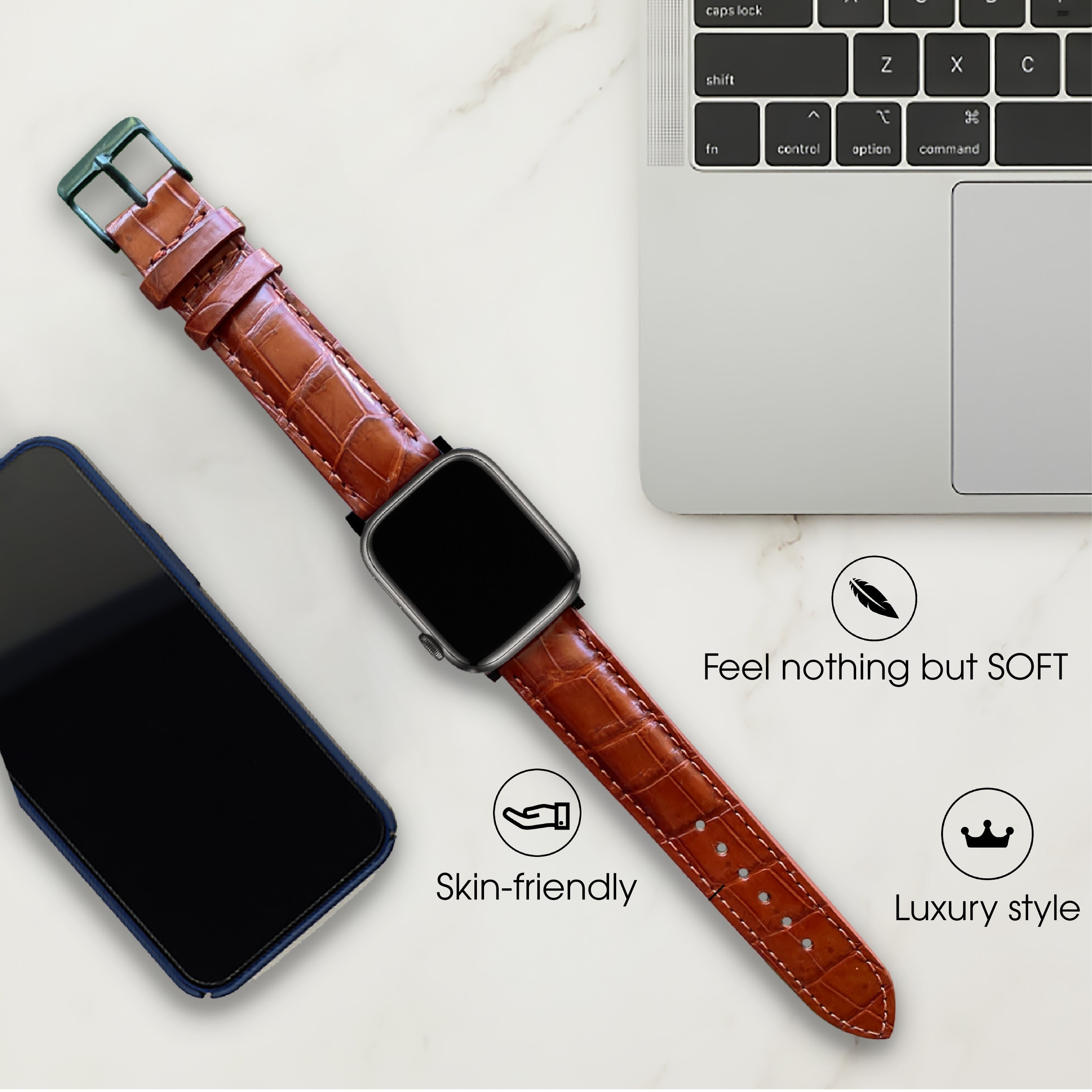 Brown Alligator Leather Watch Band Compatible with Apple Watch IWatch Series 7 6 5 4 3 2 1 SE | AW-06 - Vinacreations