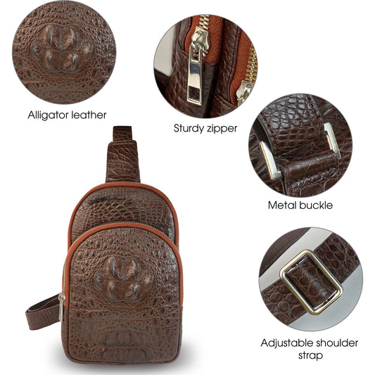 Brown Alligator Men‘s Leather Chest Bag, Messenger Bag, Crossbody Bag Christmas Gift For Men - Vinacreations
