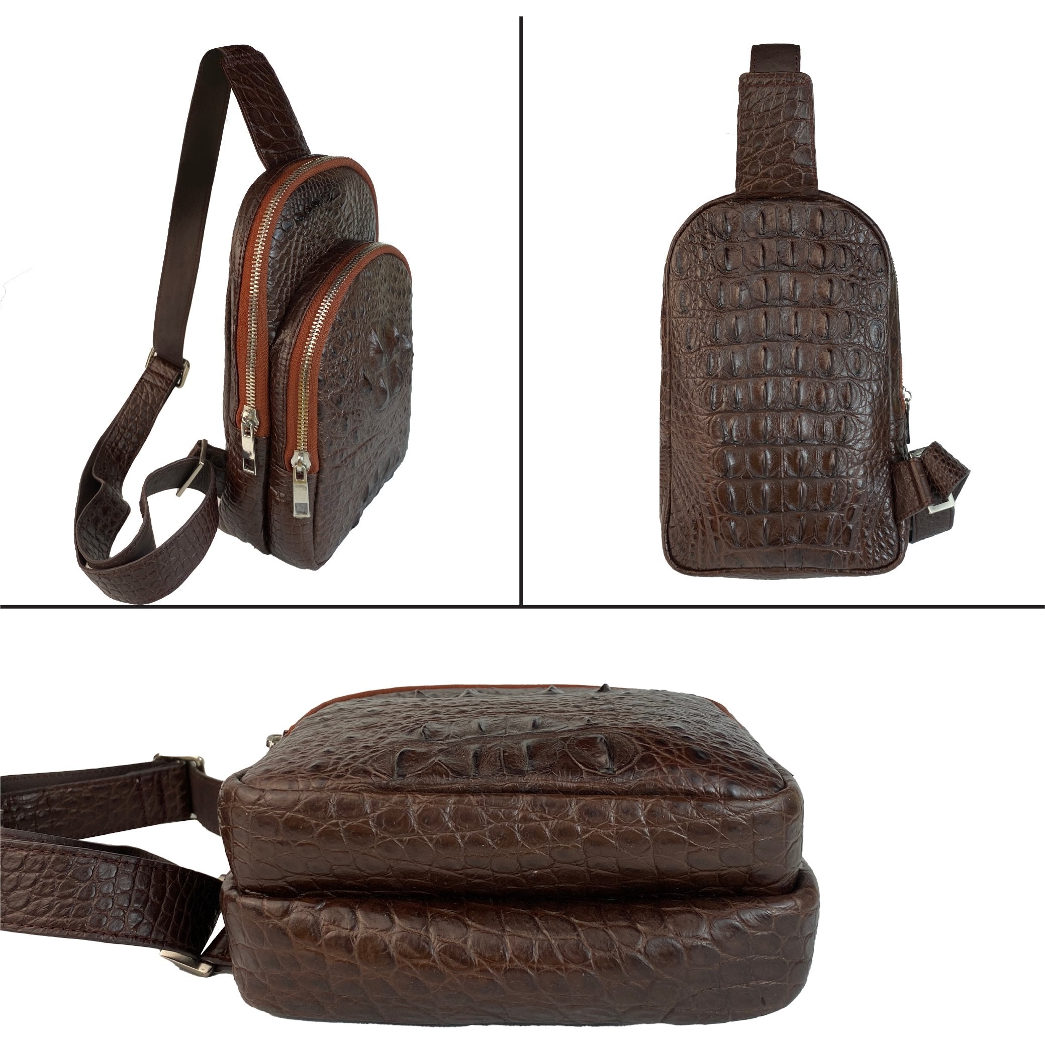 Brown Alligator Men‘s Leather Chest Bag, Messenger Bag, Crossbody Bag Christmas Gift For Men - Vinacreations