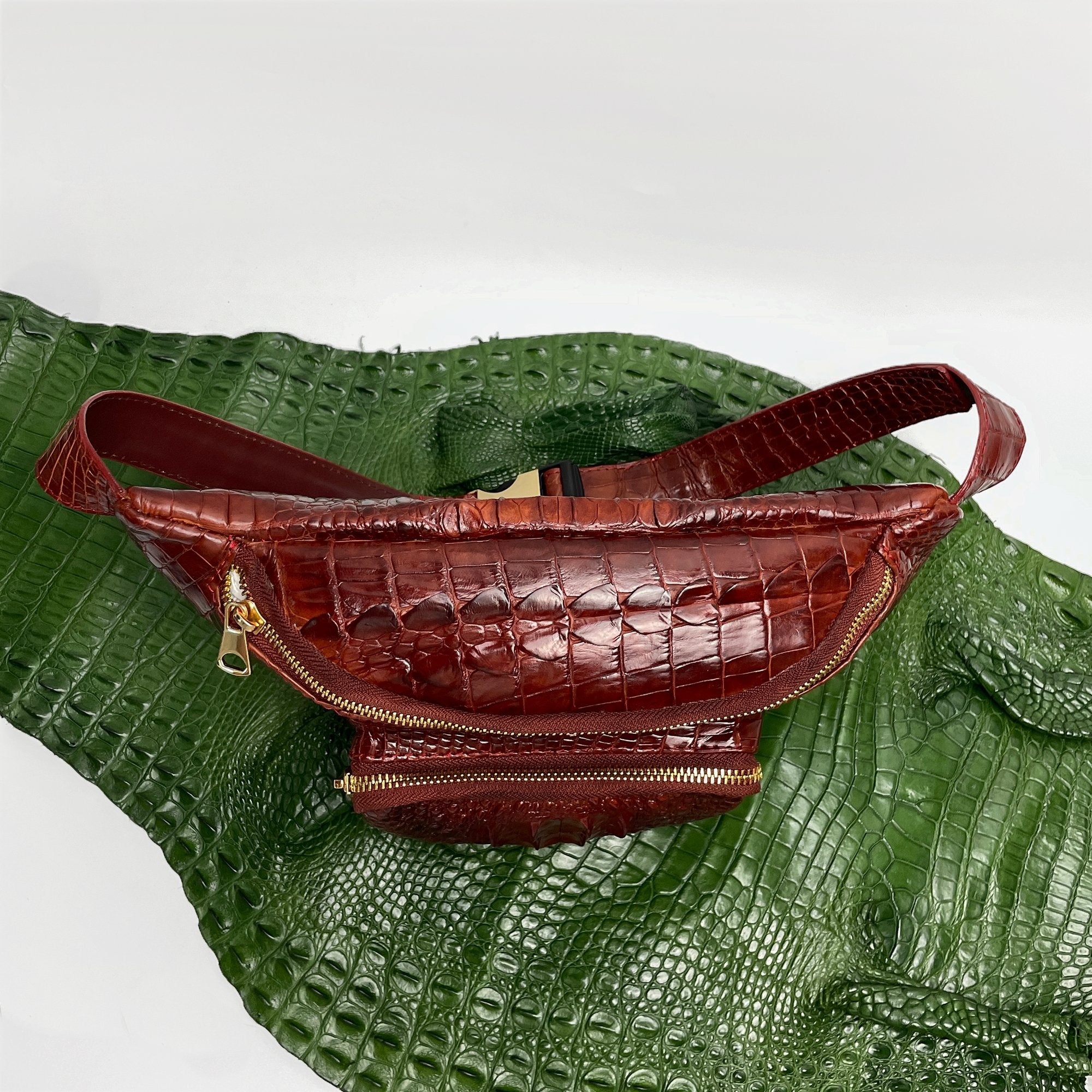 Brown Crocodile Leather Belt Bag, Leather Fanny Pack, Adjustable Crossbody Bag, Men Leather Sling Bags, Minimalist Fanny Belt Bag - Vinacreations