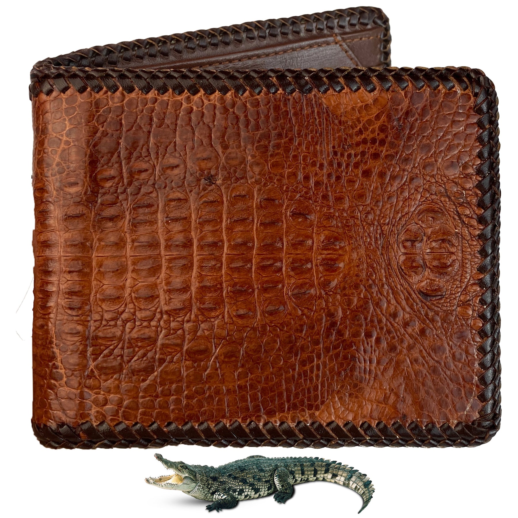 Brown Hornback Alligator Leather Bifold Wallet Knitting Edge | VINAM-01 - Vinacreations