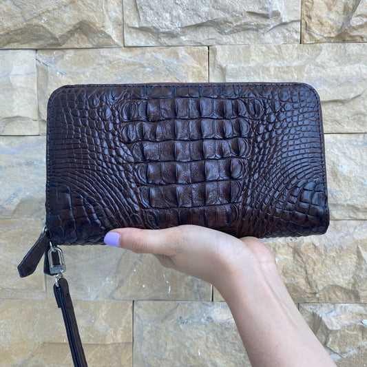 Brown Women's Long Purse Wallet Alligator Leather Clutch Large Capacity Luxury Ladies Crocodile Wristlet Organizer RFID Blocking Wallet VINU-16 - Vinacreations