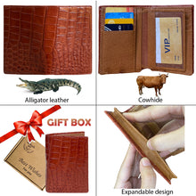 Large Capacity Alligator Leather Vertical Bifold Wallet | Crocodile Credit Card Holder for Men with 15 Card Slots | Light Brown DUN66