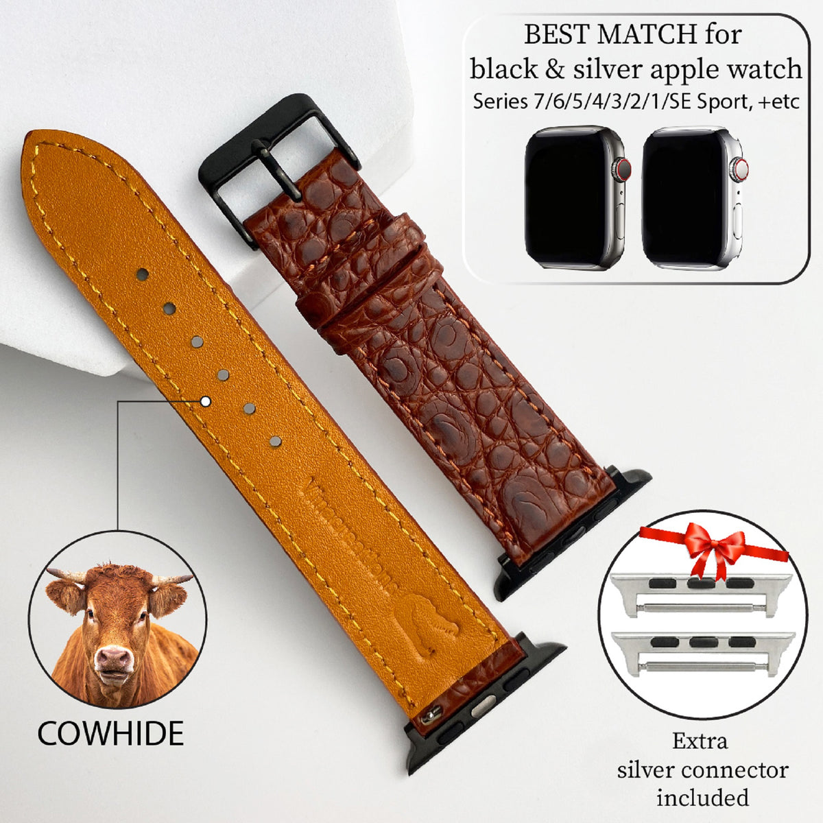 Light Brown Flat Alligator Leather Strap For Apple Watch