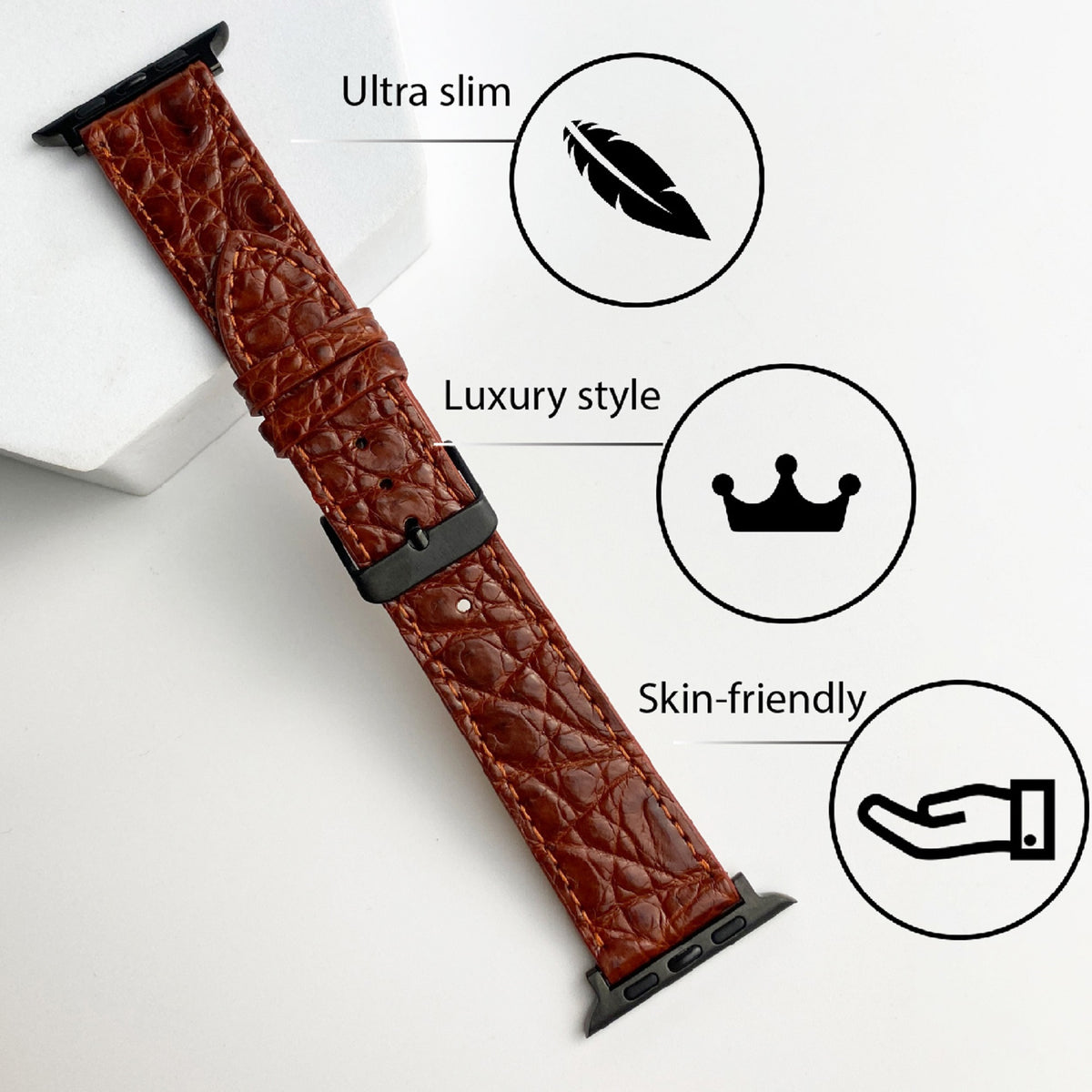 Light Brown Flat Alligator Leather Strap For Apple Watch