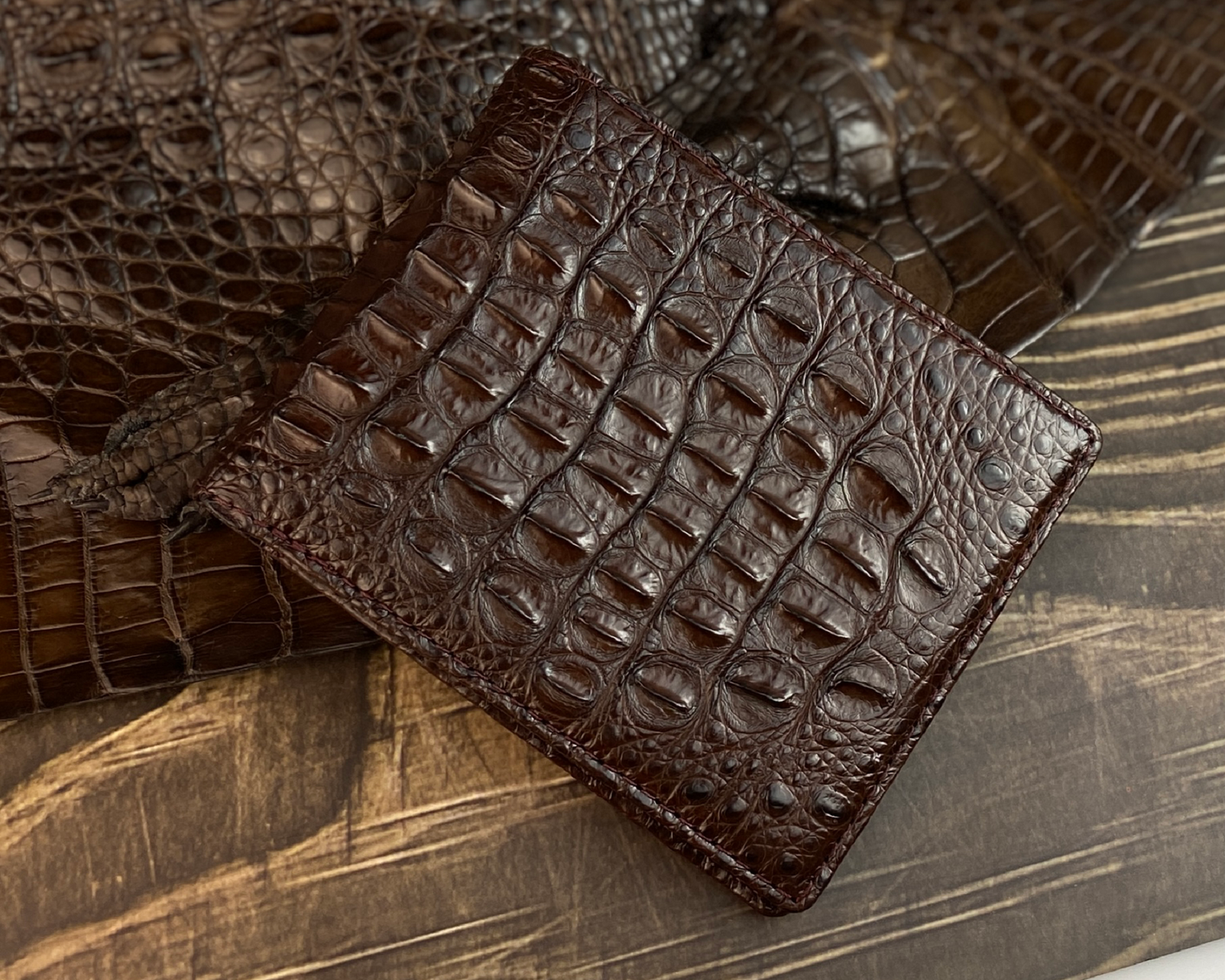 Dark Brown Double Side Alligator Hornback Leather Bifold Wallet
