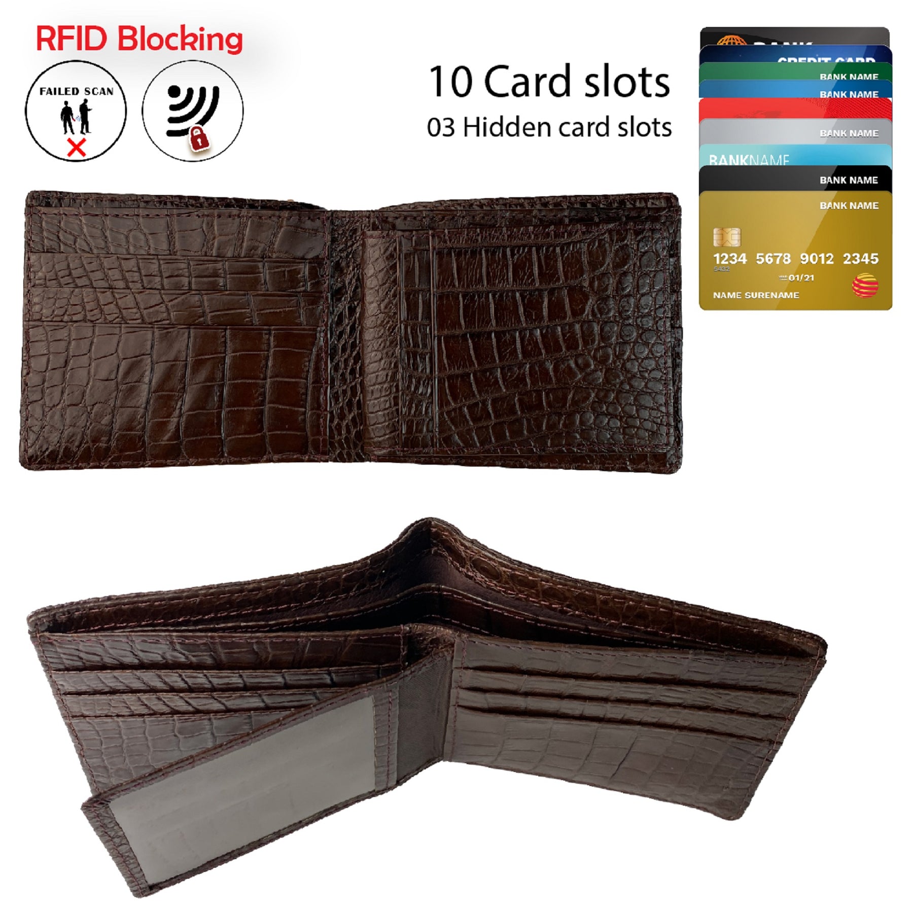 Dark Brown Double Side Alligator Hornback Leather Bifold Wallet