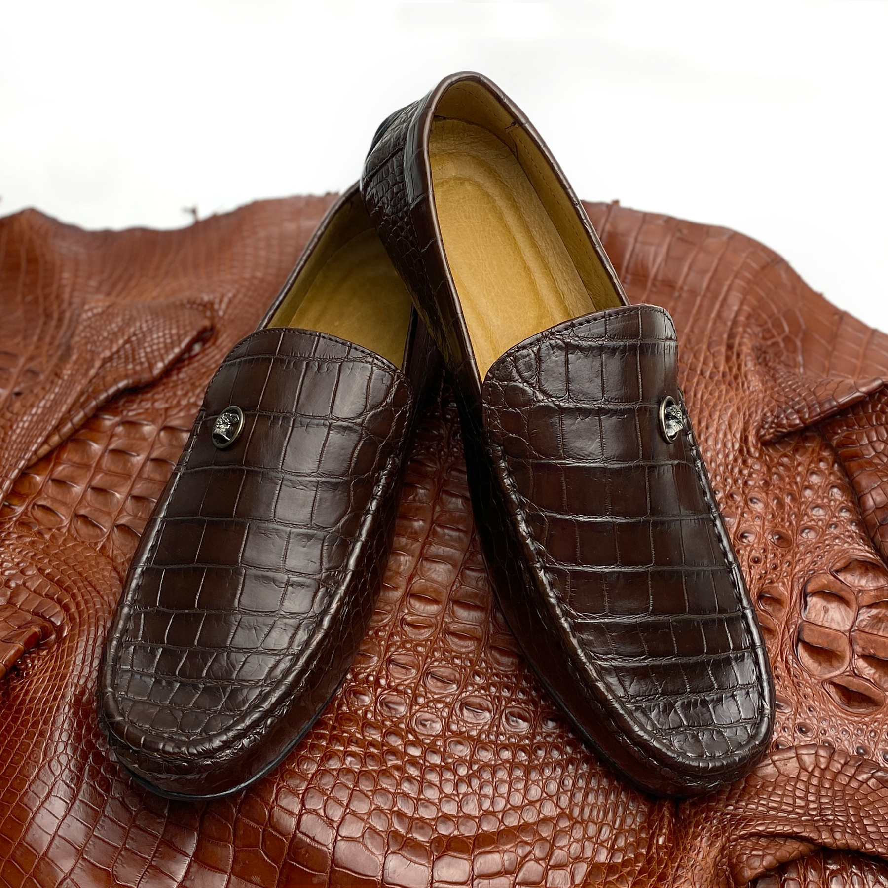 Brown Alligator Leather Moccasin Loafer | Crocodile Belly Skin Moccasin Loafer | SH93L42