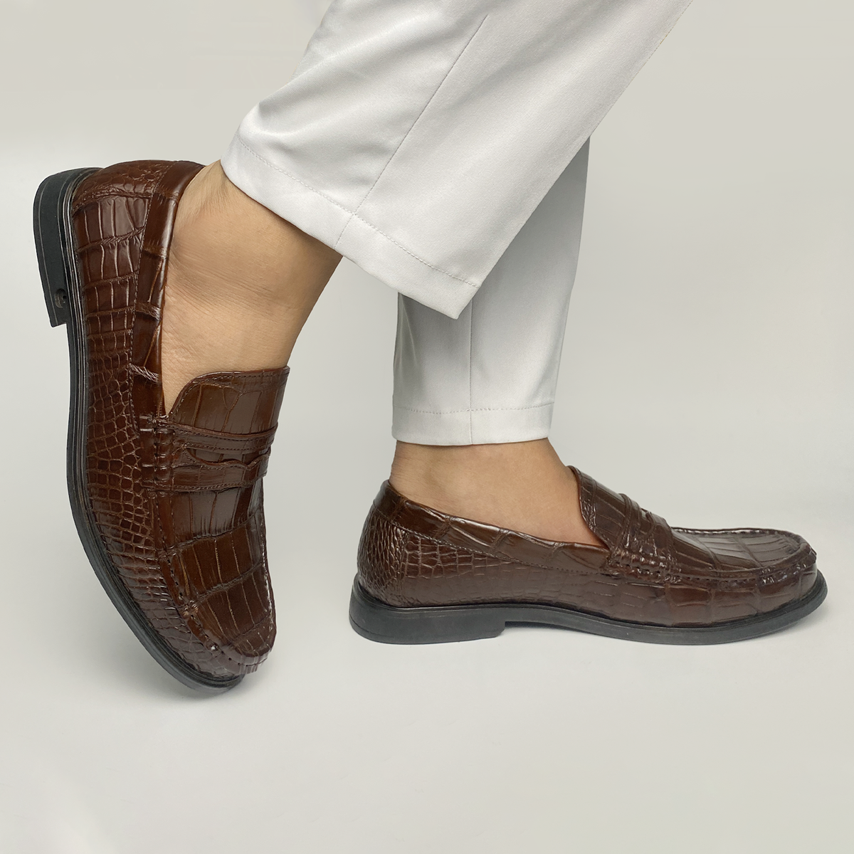 Dark Brown Handcrafted Alligator Classic Penny Loafer | Crocodile Belly Skin Loafer Shoe For Men | SH133P42