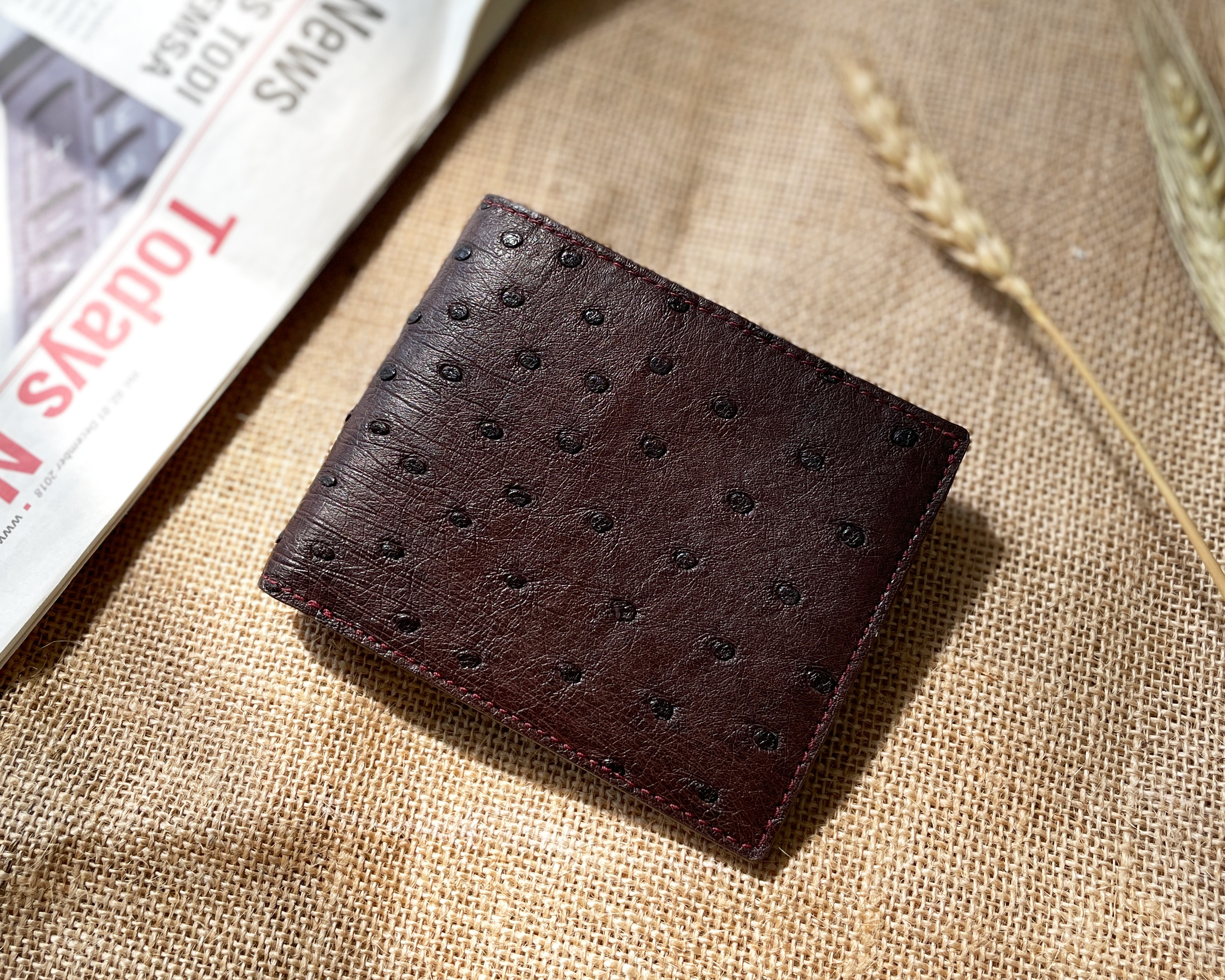 Dark Brown Handmade Double Side Ostrich Leather Bifold Wallet for Men