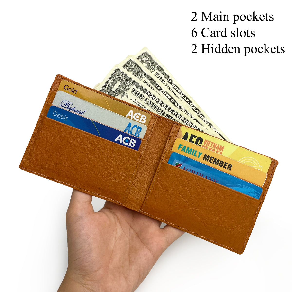 Brown Handmade Double Side Ostrich Leather Bifold Wallet for Men