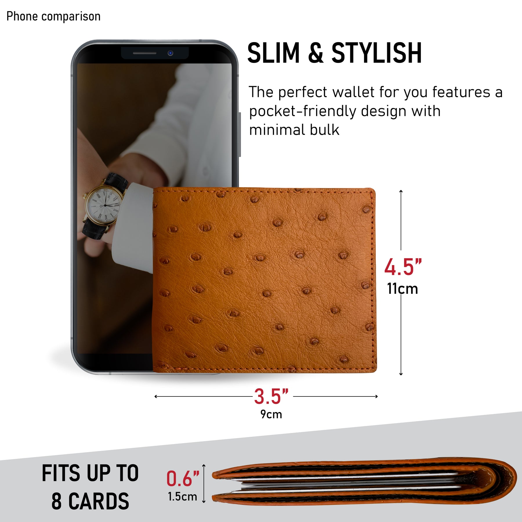 Brown Handmade Double Side Ostrich Leather Bifold Wallet for Men