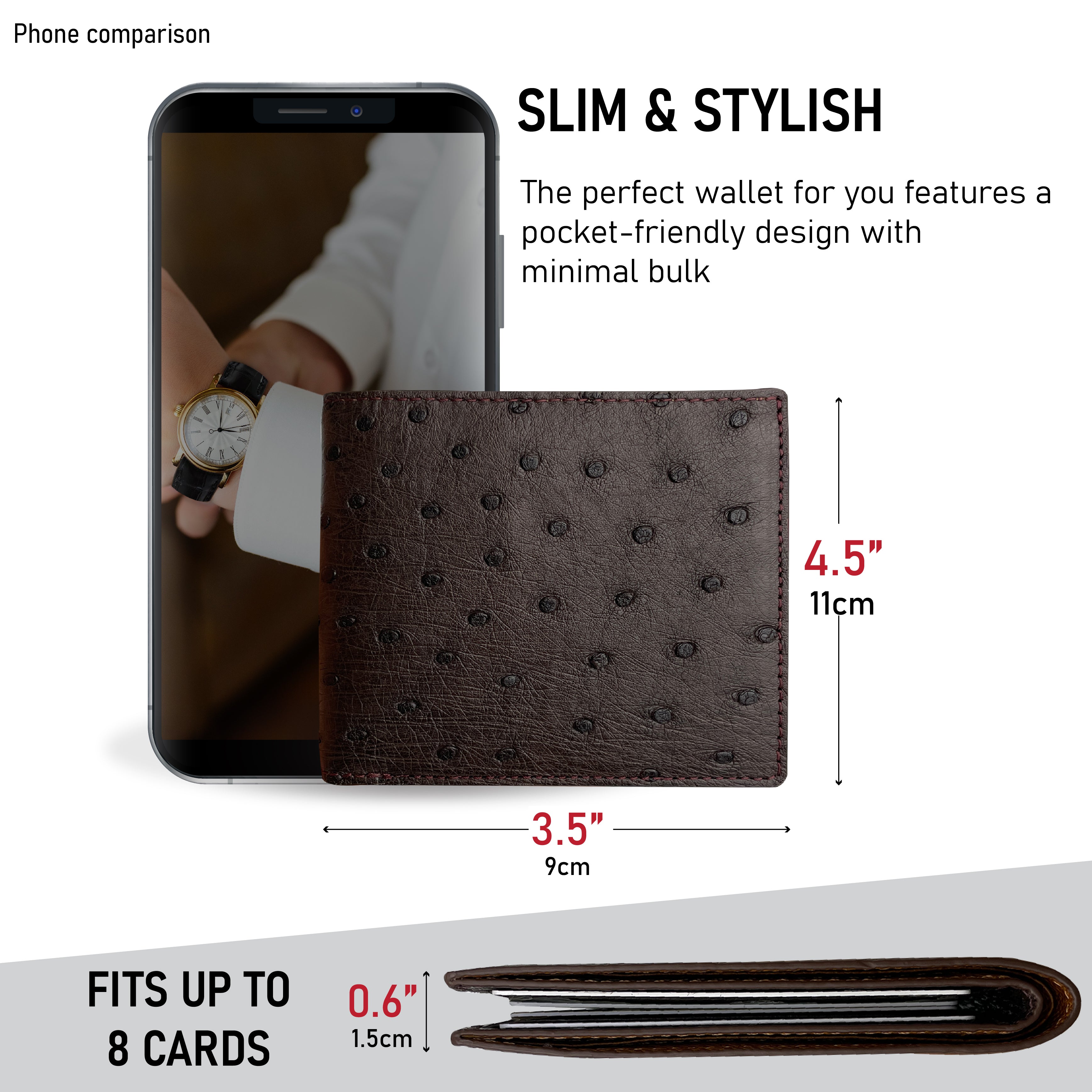 Dark Brown Handmade Double Side Ostrich Leather Bifold Wallet for Men